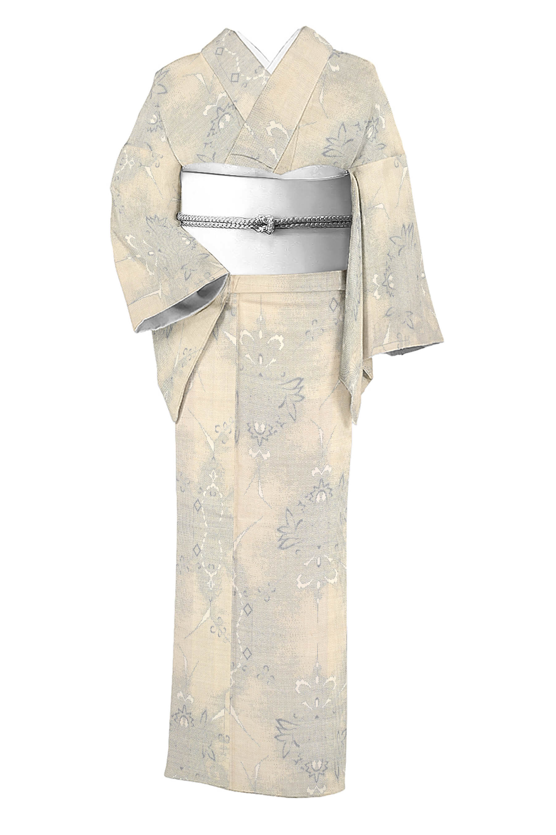 【20％OFFクーポン券客体】 【仕立てもの売り上げ金中古美品】 白大島紬 7マルキカタス ～証紙なし 「破れ目亀甲にかざり付ける華紋」 身たけ157.5 裄63.6