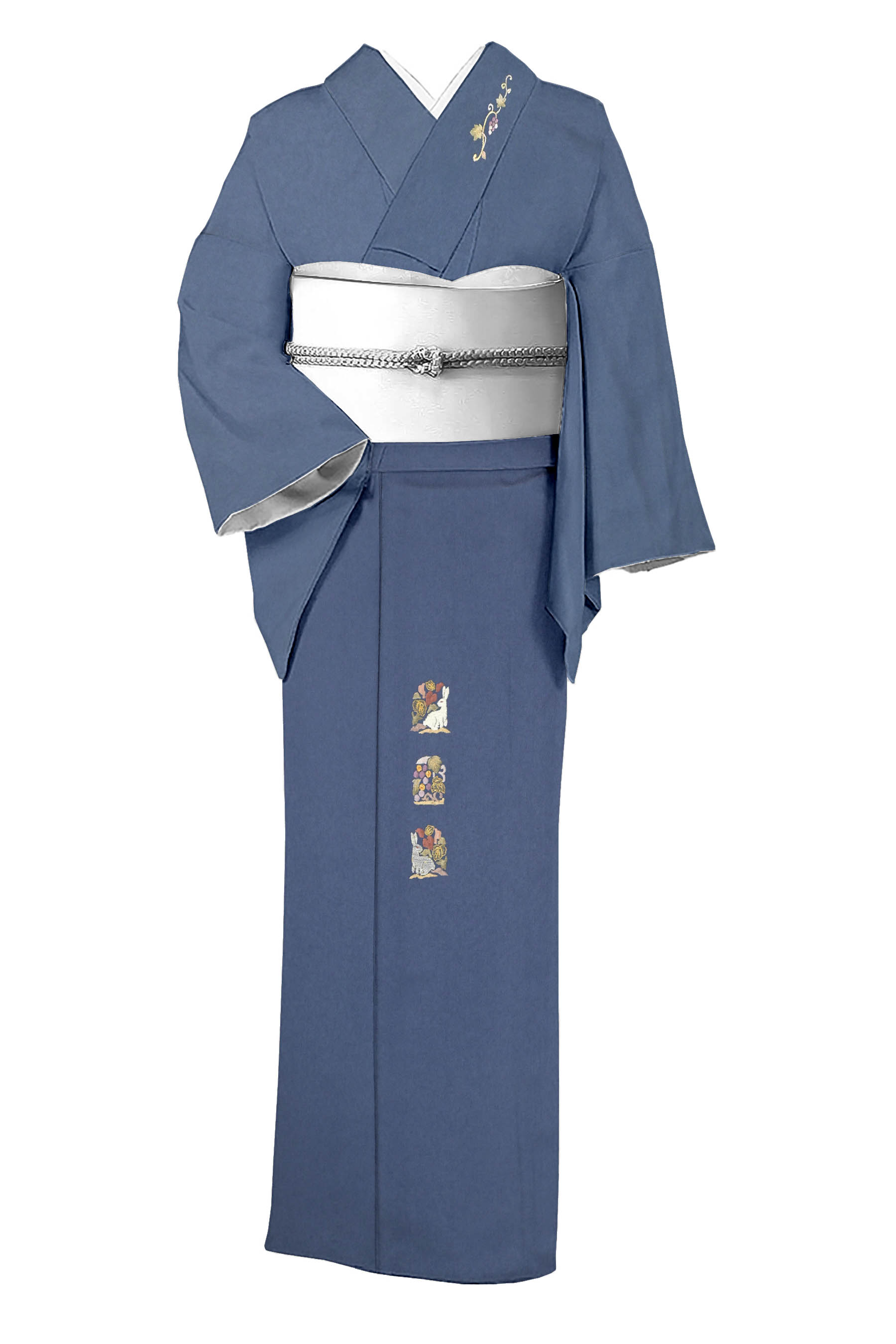 【京の染匠】 特選芸術手刺しゅう付下げ ≪御仕立てもの売り上げ金・中古美品≫ 「呼びもの花兎文」 心ゆかしいに、偉大さ漂う和姿… 刺しゅう糸の艶感が感触的！ 身たけ152 裄65
