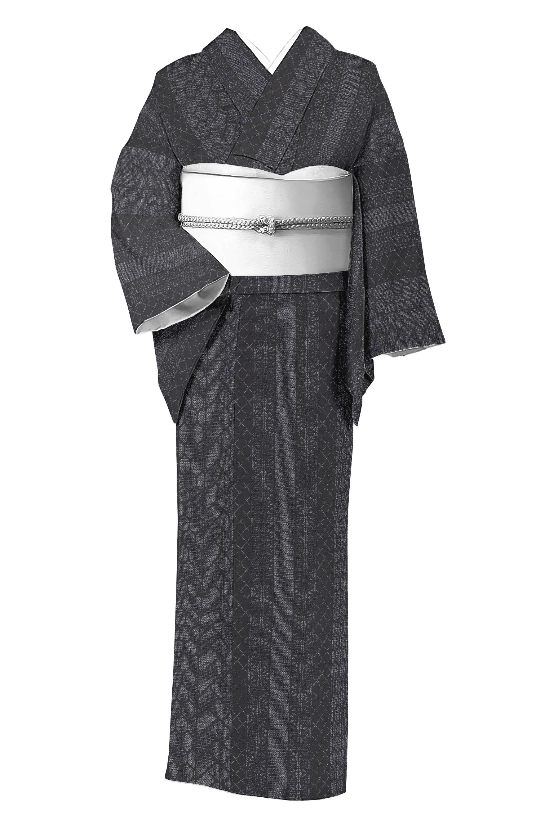 【石下結城紬】 （仕立て上がり・中古品） 創作正絹真綿紬きもの 100山亀甲 「菱亀甲間道文」☆目に肌に、ほっこり温もりの佇まい。 身丈153.7　裄62.5