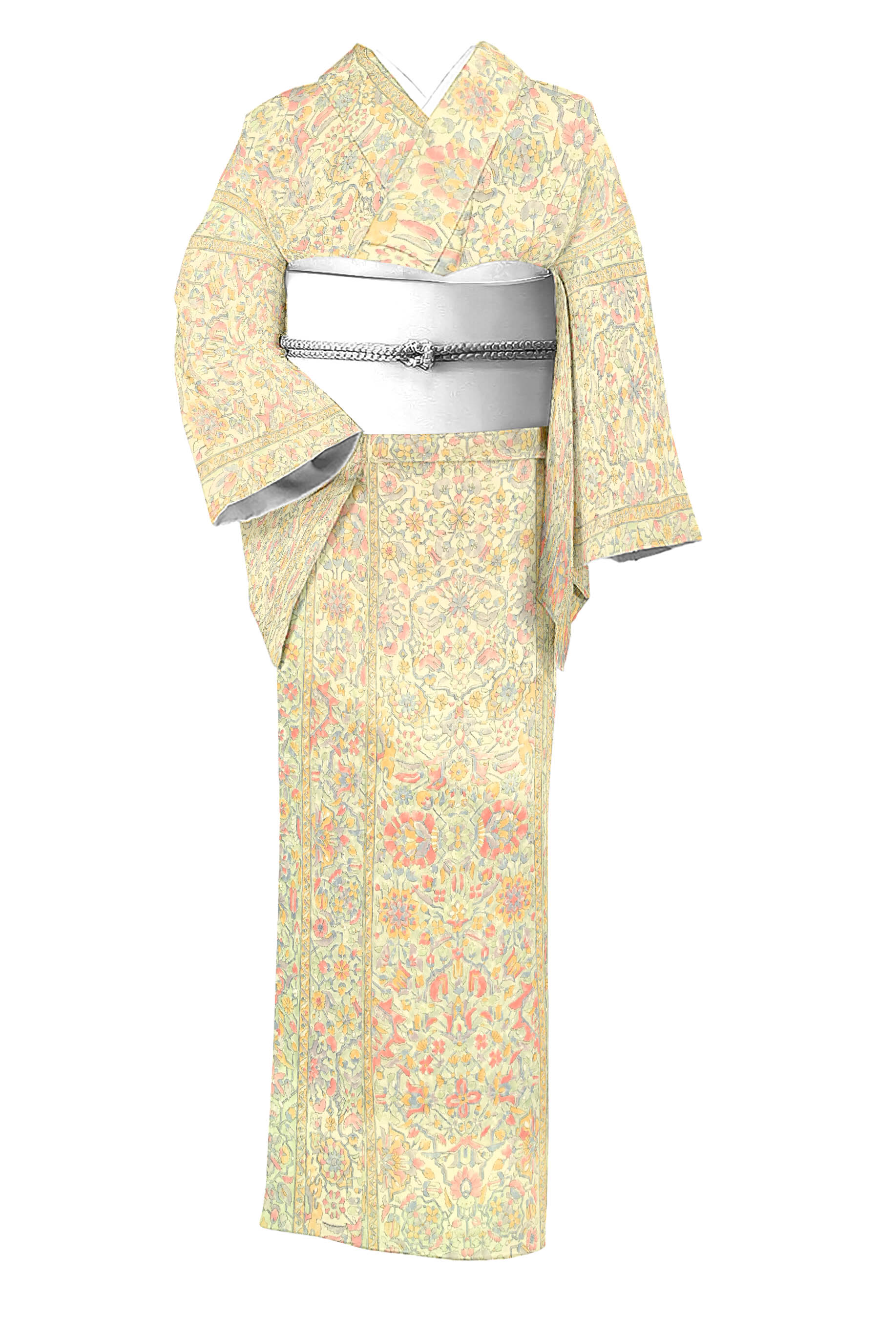 【御仕立て上がり・中古品】 摺友禅小紋 「更紗間道」 お出かけやお稽古などにも 身丈155.5　裄65