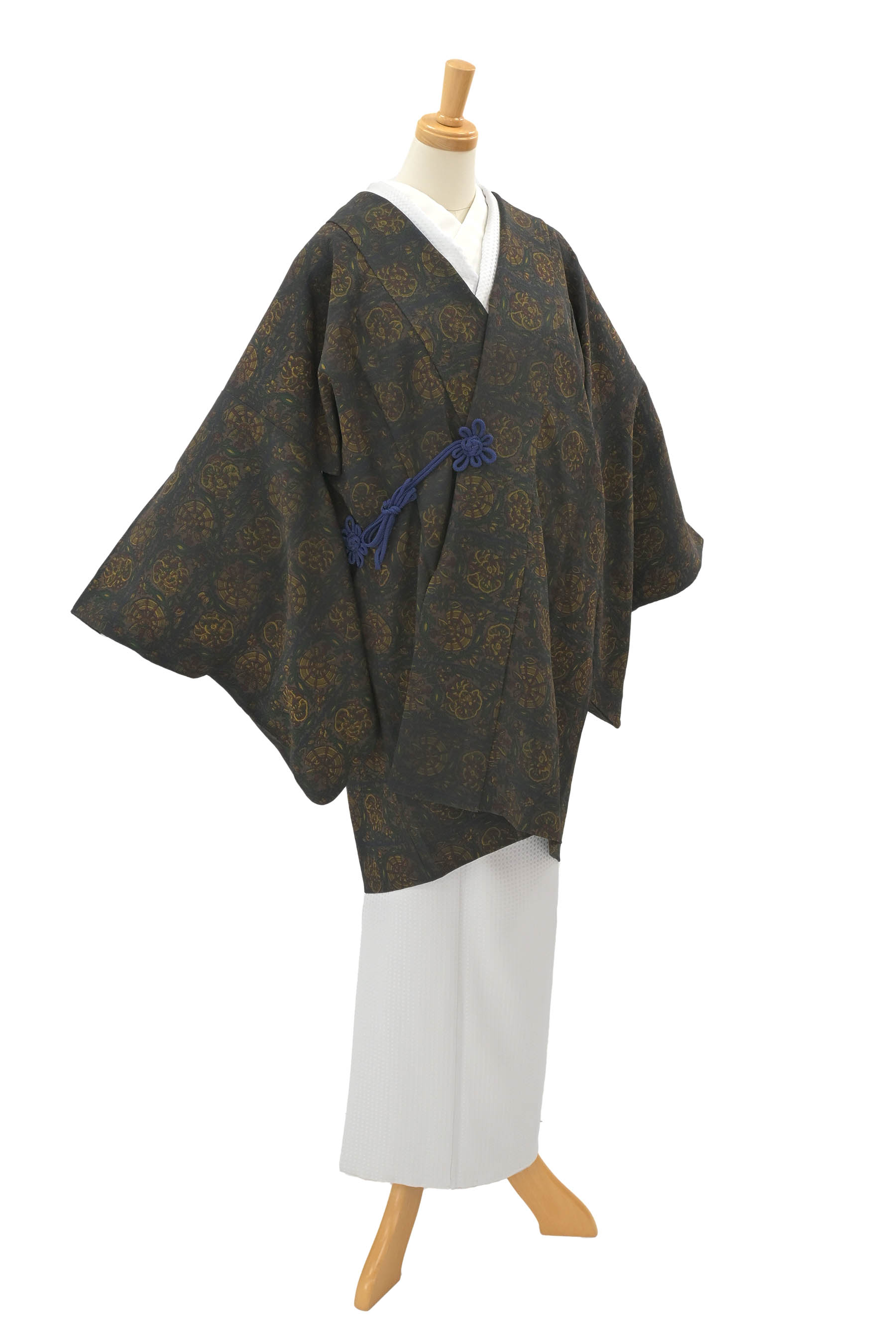 【上質な一枚をお探しの方に…】 （仕・中古美品） 正絹ちりめん摺友禅道中着 「源氏車に花」 ☆コート丈82.5cm　裄64