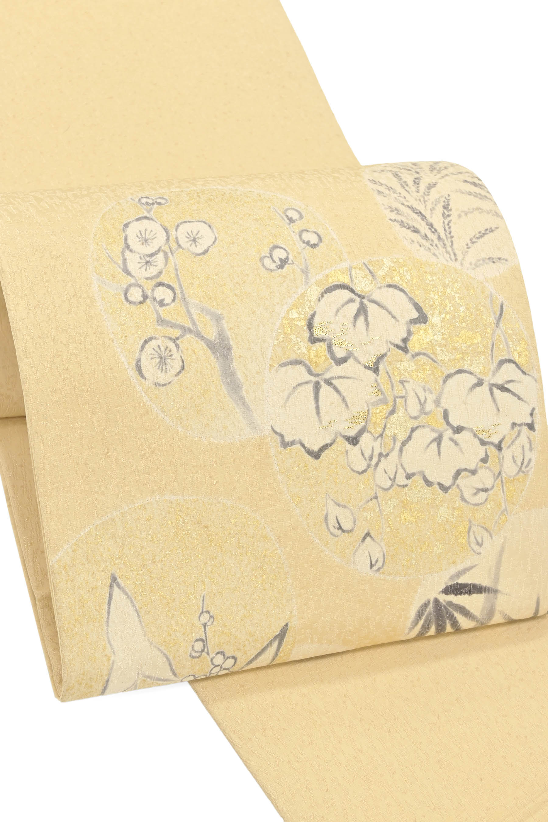 【ハマグリ 大喜百花】 特撰本手製作友禅袋帯 ≪御仕立てもの売り上げ金・新古品≫ 「四季花の窓」 高家の滅多にないな一本！ 独自性独自性の帯姿。