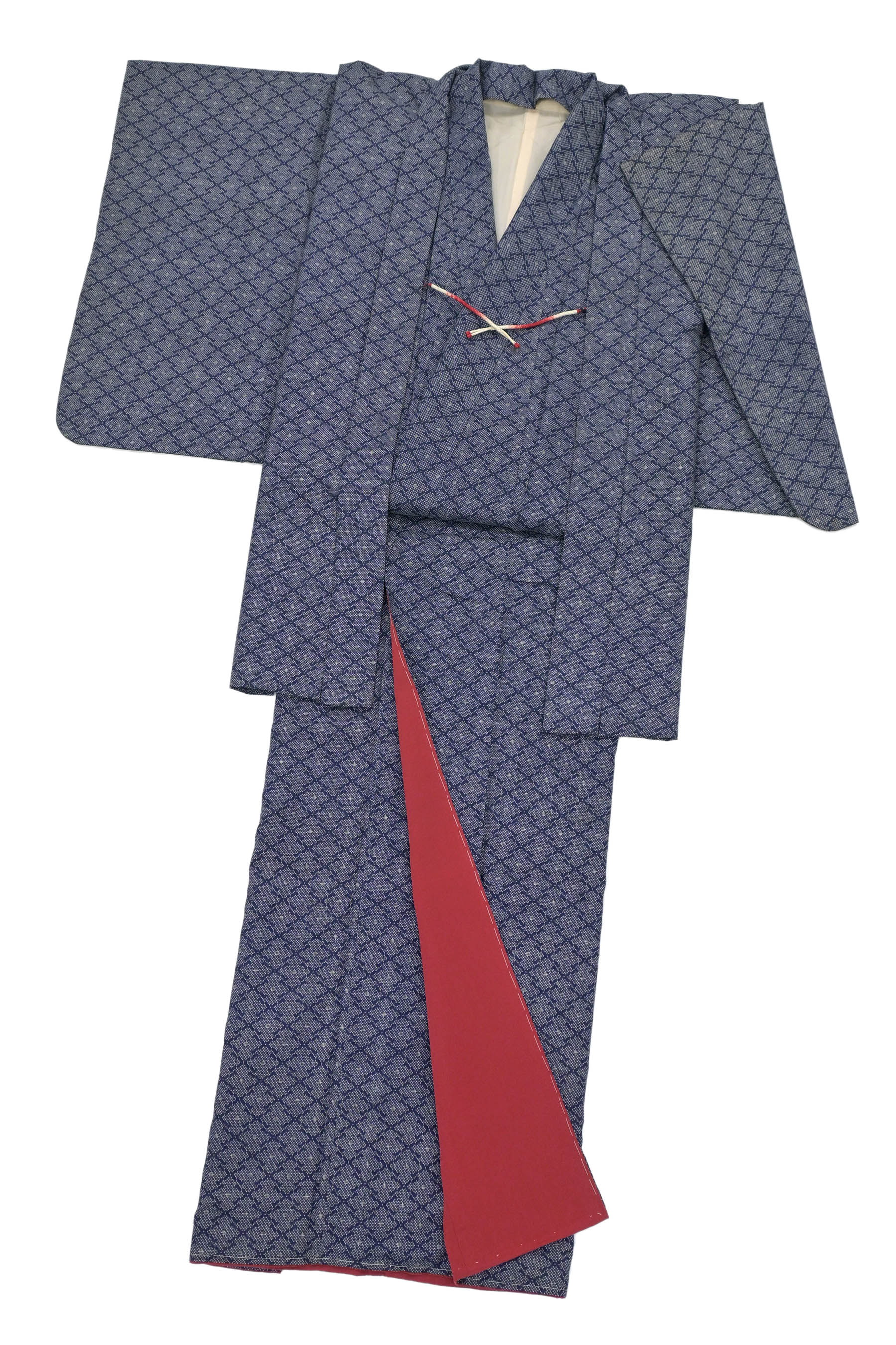 【本場藍大島紬】 7マルキ式一元・アンサンブル ≪御仕立て上がり・中古美品≫ 「変わり松皮菱」 羽織紐つき　証紙なしでお値打ち！ 身丈160　裄64.4