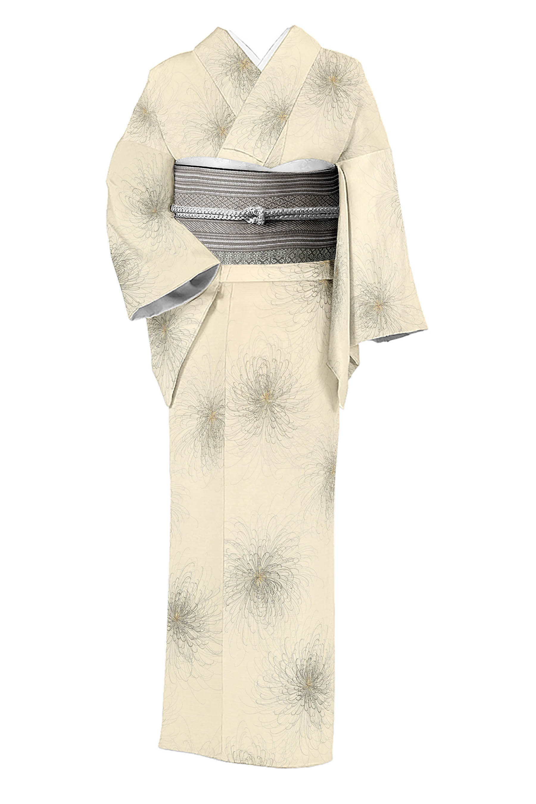 【着物+帯　夏物未仕立て2点セット】【洗える着物】 小紋着尺 「糸菊・ホワイトベージュ」+ 【黒木織物】本場筑前博多織八寸名古屋帯「変り献上　グレー」