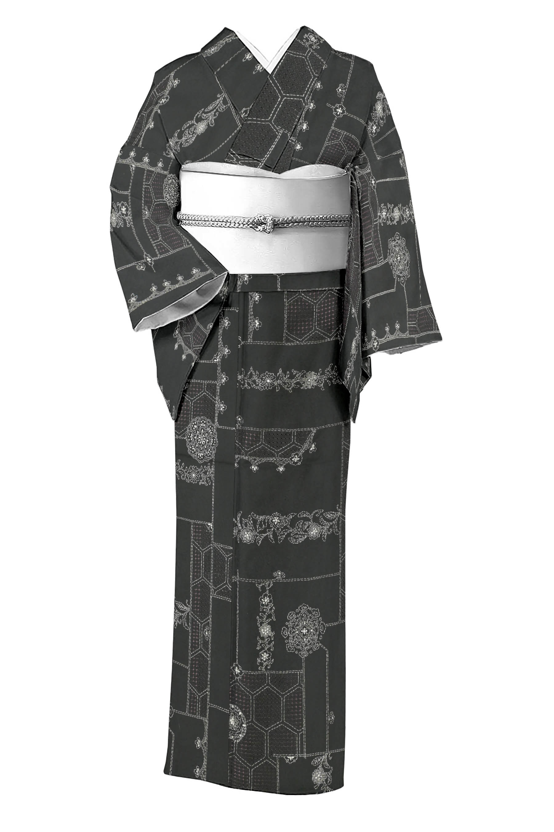【夏単衣・能州紬】紫色の涼感格子地模様　織元・絲藝苑（しげいえん）製 裄直しサービス】 【絲藝苑 故・上島洋山】 特選手織りすくい織