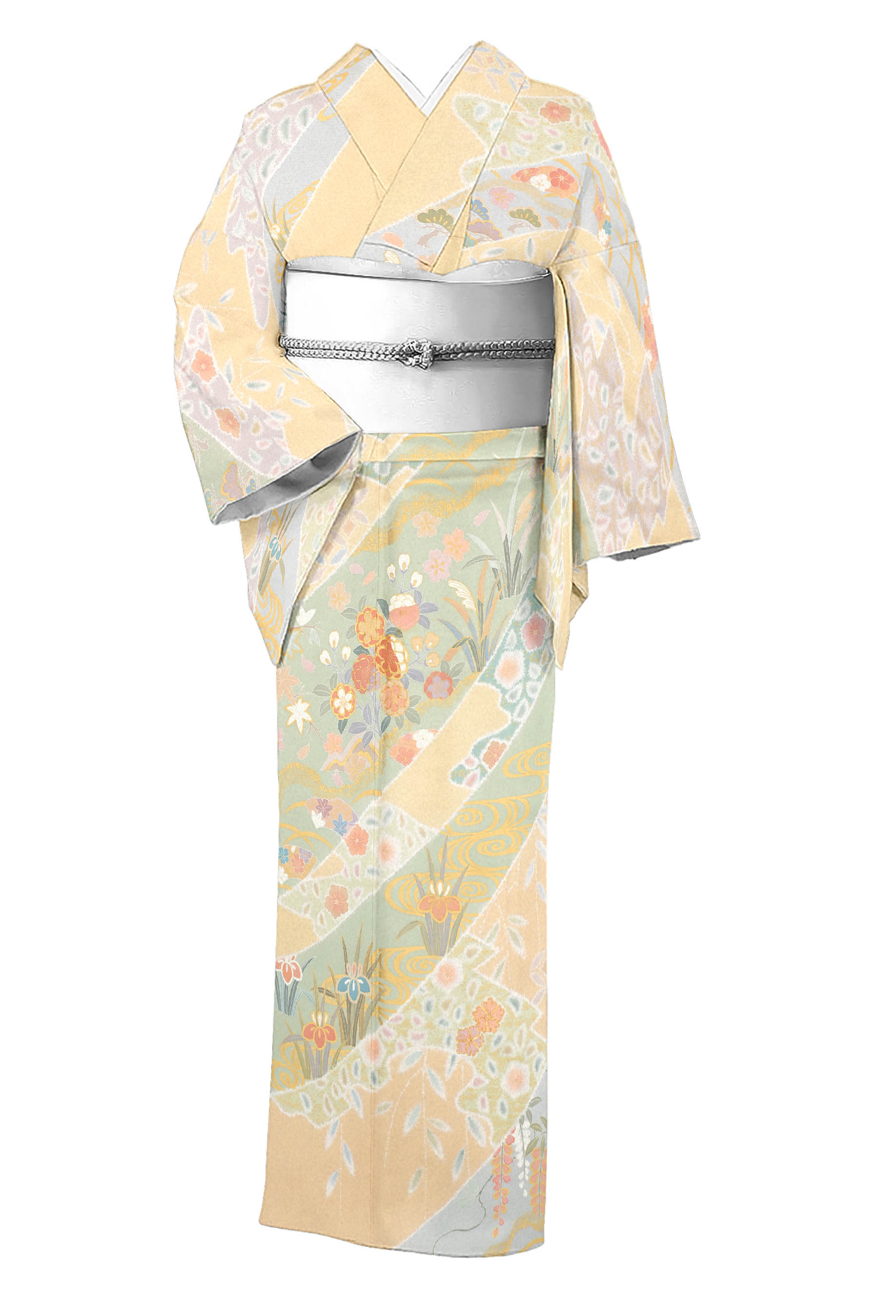 手工業友禅短い訪問着 ≪仕・中古美品≫ 「顕花植物松皮菱」 フォーマルシーンにこの上なく九鼎大呂！ 身の丈152 裄64.5