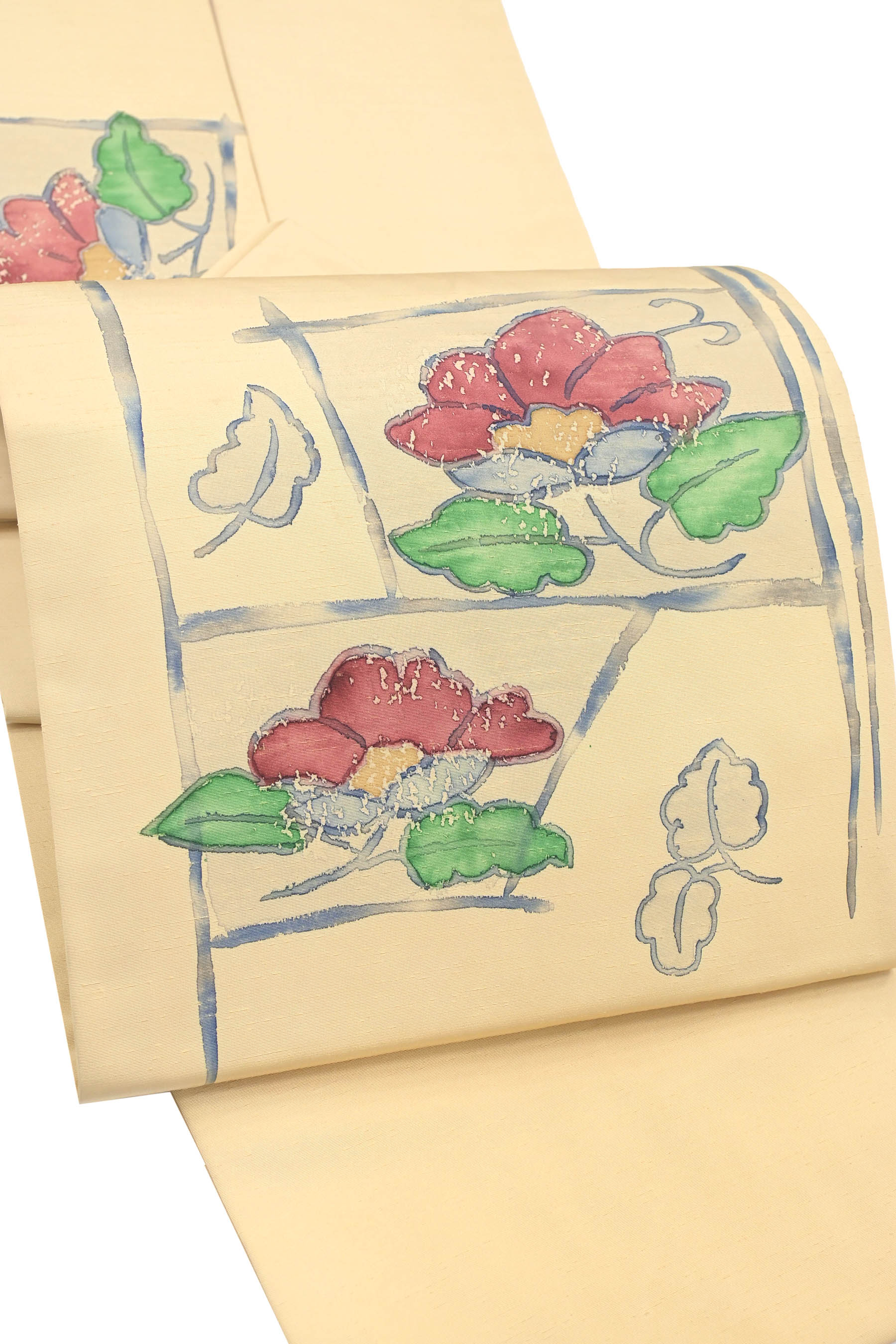 【20％OFF引き換え証客体】 【御仕立てもの売り上げ高・中古美品】特選ろうけつ染め紬九寸名古屋帯 「顕花植物幾何学文様」蝋のひび割れるが映す、飾り気のないな味い