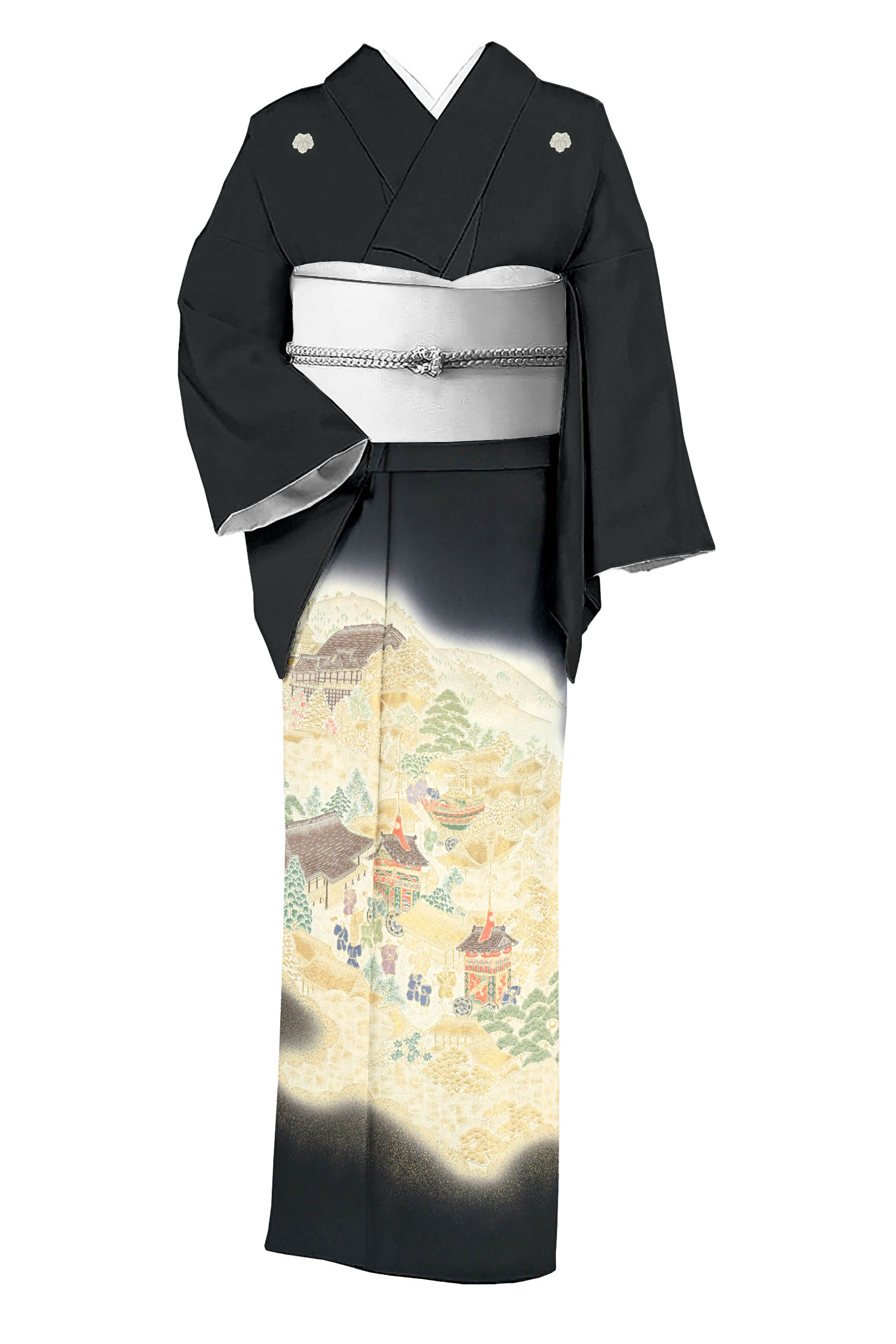 【スグのご予定に！】 （仕立て上がり・中古美品） 正絹縫取刺繍黒留袖 「祇園祭」 ☆ご寸法合う方必見です！ 身丈161.9　裄67｜京都きもの市場 店