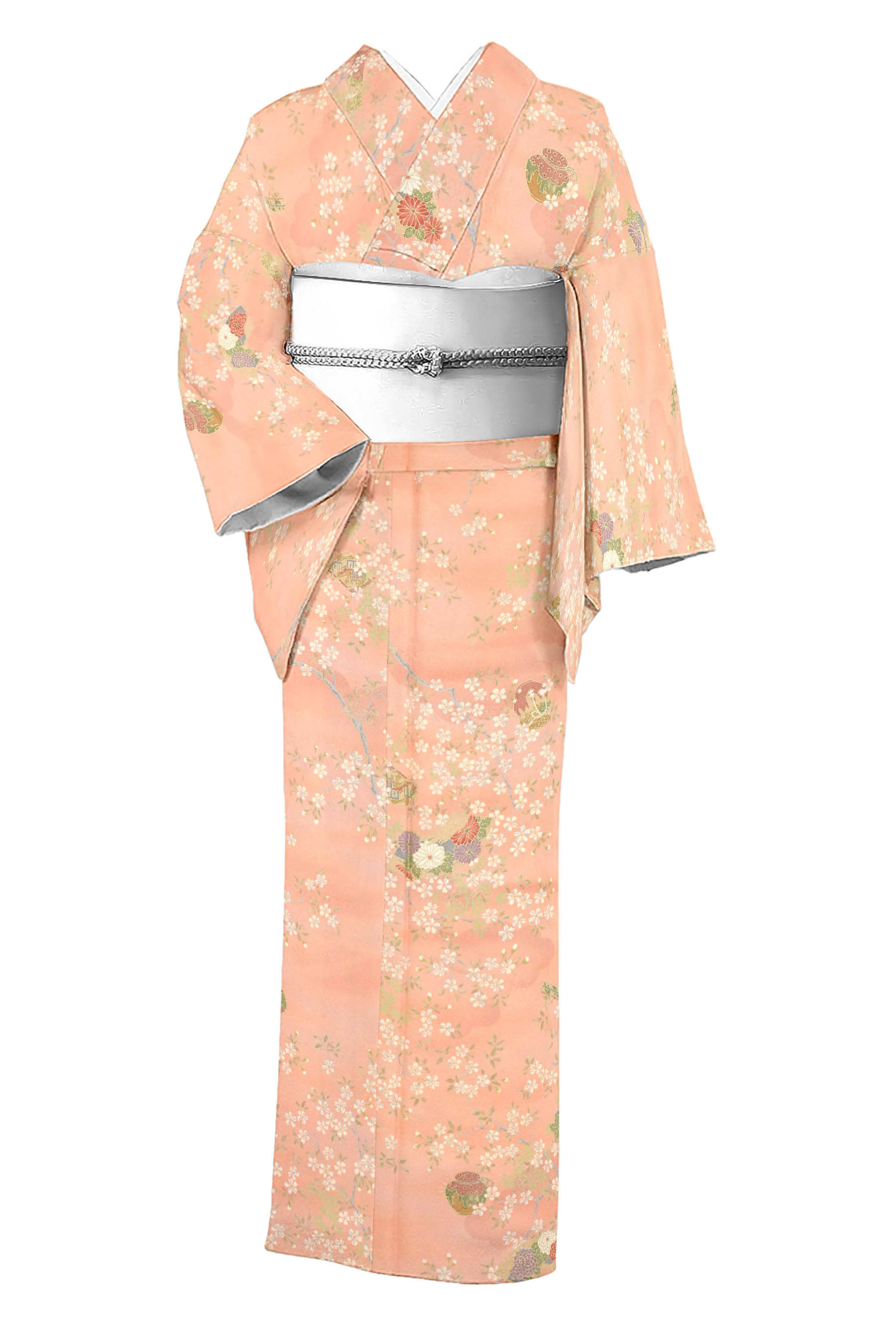 正絹京友禅小紋 ≪御仕立てもの売り上げ金・中古品≫ 「花霞の宴」 可愛らしいに魅せる心地好い着！お読み合わせるなどにお薦め！ 身たけ152 裄64