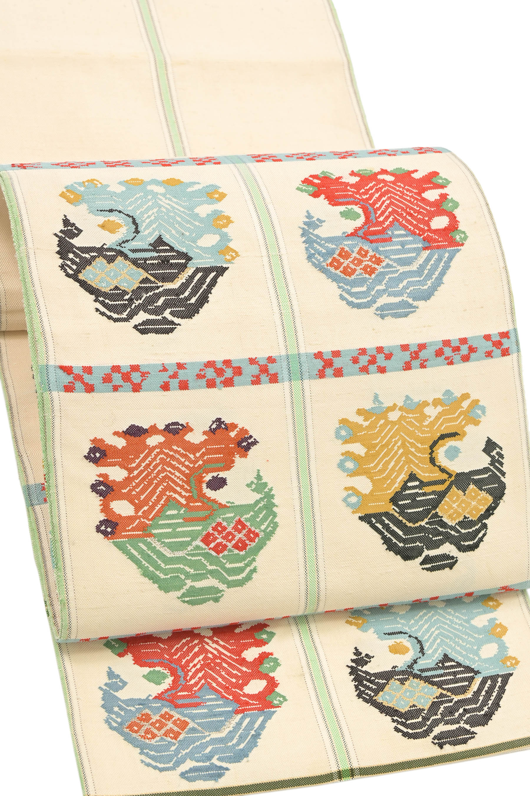 【龍村平蔵製】 特選芸術紬本袋帯 ≪御仕立てもの売り上げ金・中古美品≫ 「甲比丹クジャク・白」 謂われ因縁に残る甲比丹の名曲！ もの凄まじい滅多に無いな白地！！