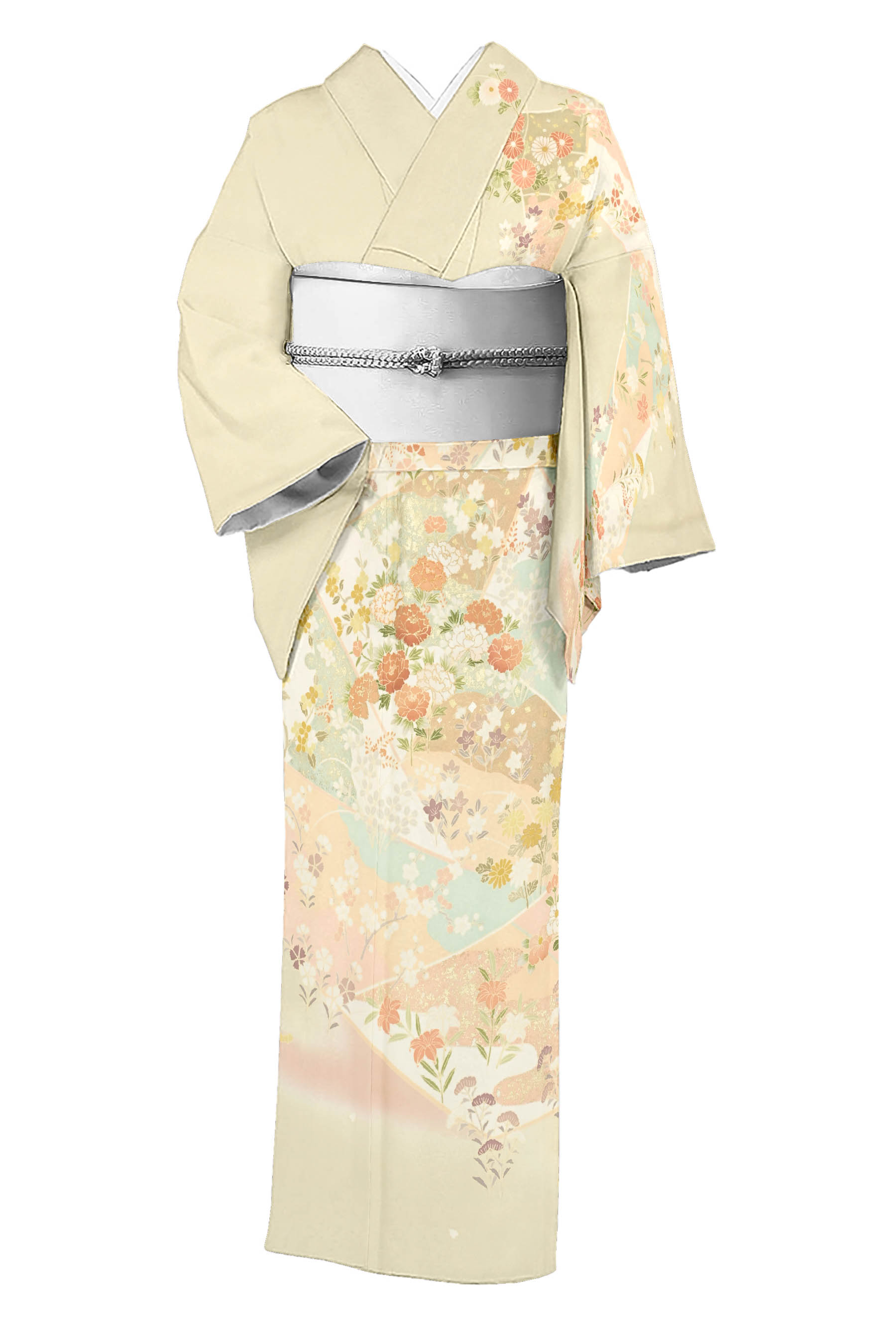 【京の芸術染匠】 特選墨付き京友禅短い訪問着 ≪お仕立てもの売り上げ金・中古美品≫ 「霞に菱取四季花文」 値打ち香る名文顕花植物飾りつけ… 身たけ161 裄66