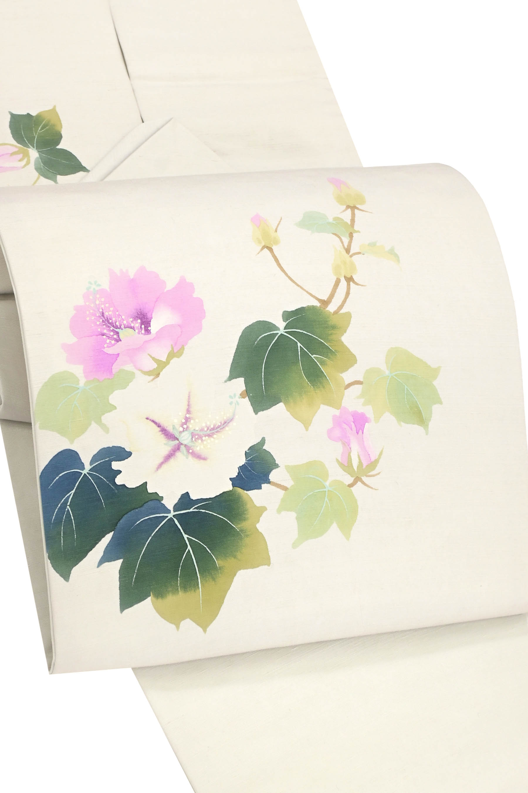【20％OFFクーポン券客体】【花鳥園 二代目清次郎】 〈お仕立てもの売り上げ高・中古美品〉 仕立て上げる正絹染め 紬九寸名古屋帯 「藕」 ふわり、雅びやかな華やぎ…
