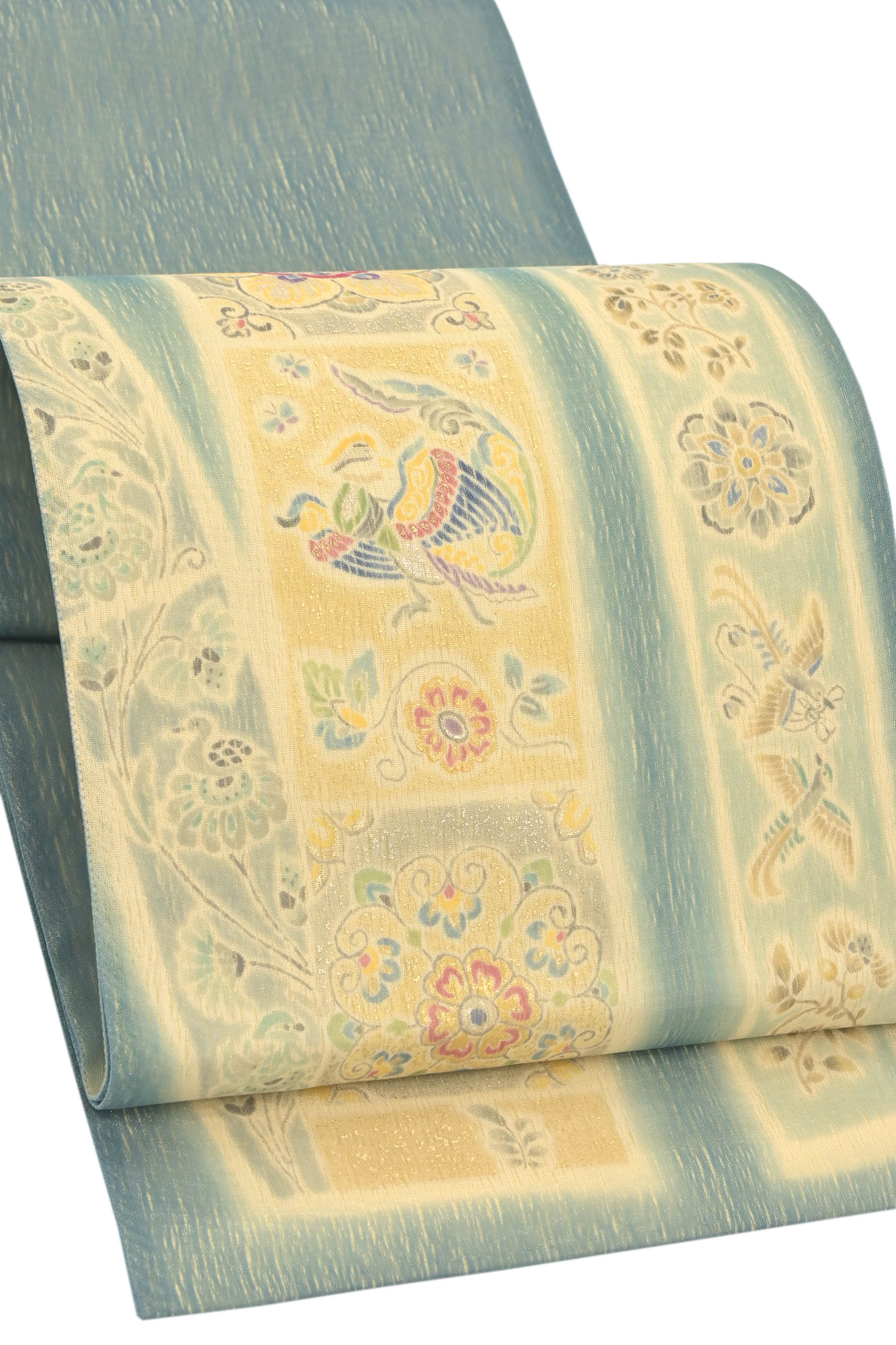 【20％OFFクーポン券客体】“飛び切り単衣押さえる必要経費！” 【鷹ヶ峰 しょうざん】 特選華夾纈袋帯 ≪御仕立てもの売り上げ金・中古美品≫ 「鳳凰華唐草抜け道」 しょうざん、もう一往の美。 蘇る幻の応用科学。