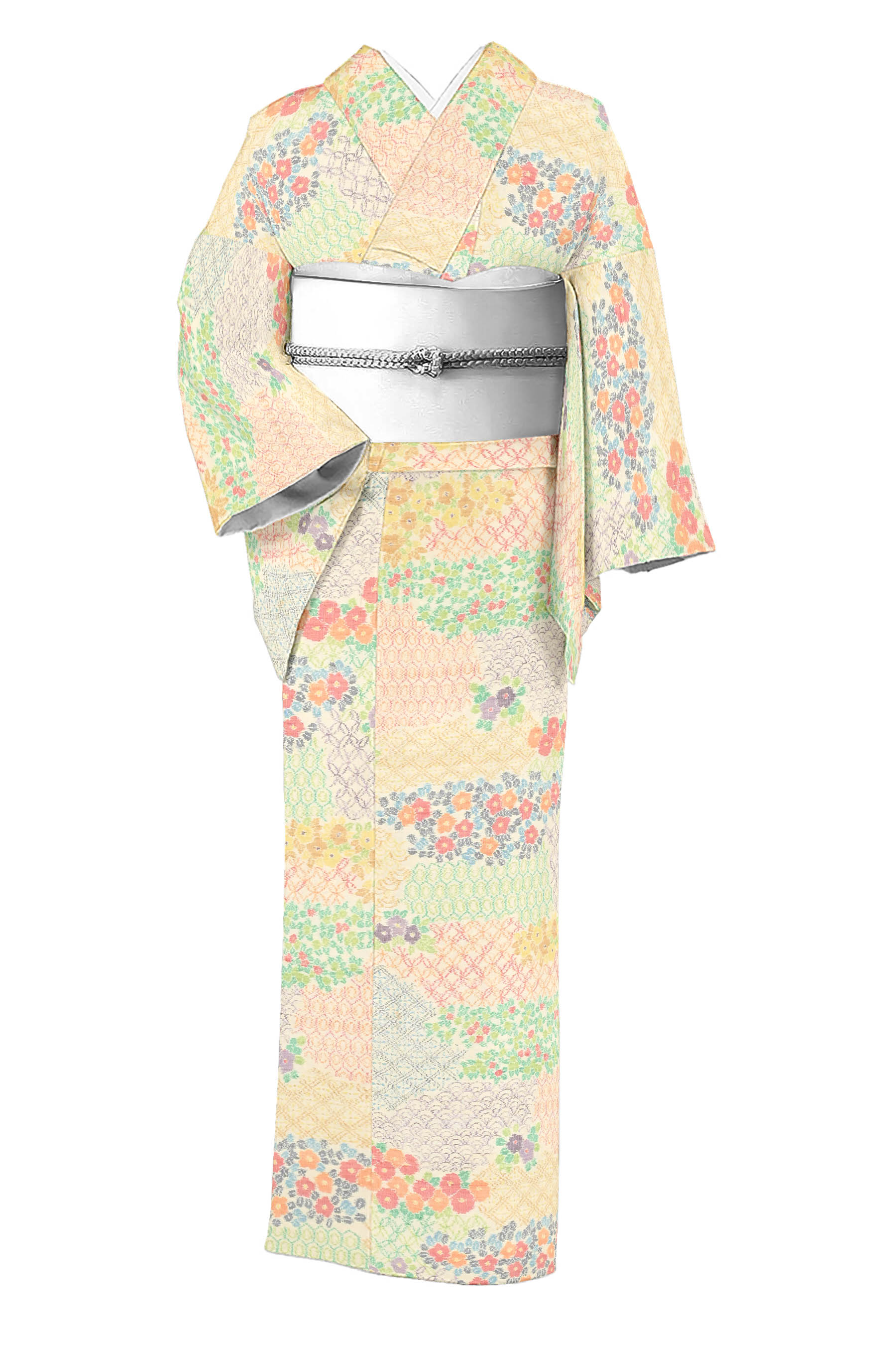 【十日町紬】 ≪お仕立て上がり・中古品≫ 創作正絹縦横絣紬 「花爛漫」 彩り豊かに！ 出かけたくなる華やか小紋！ 身丈157.5 裄65.5