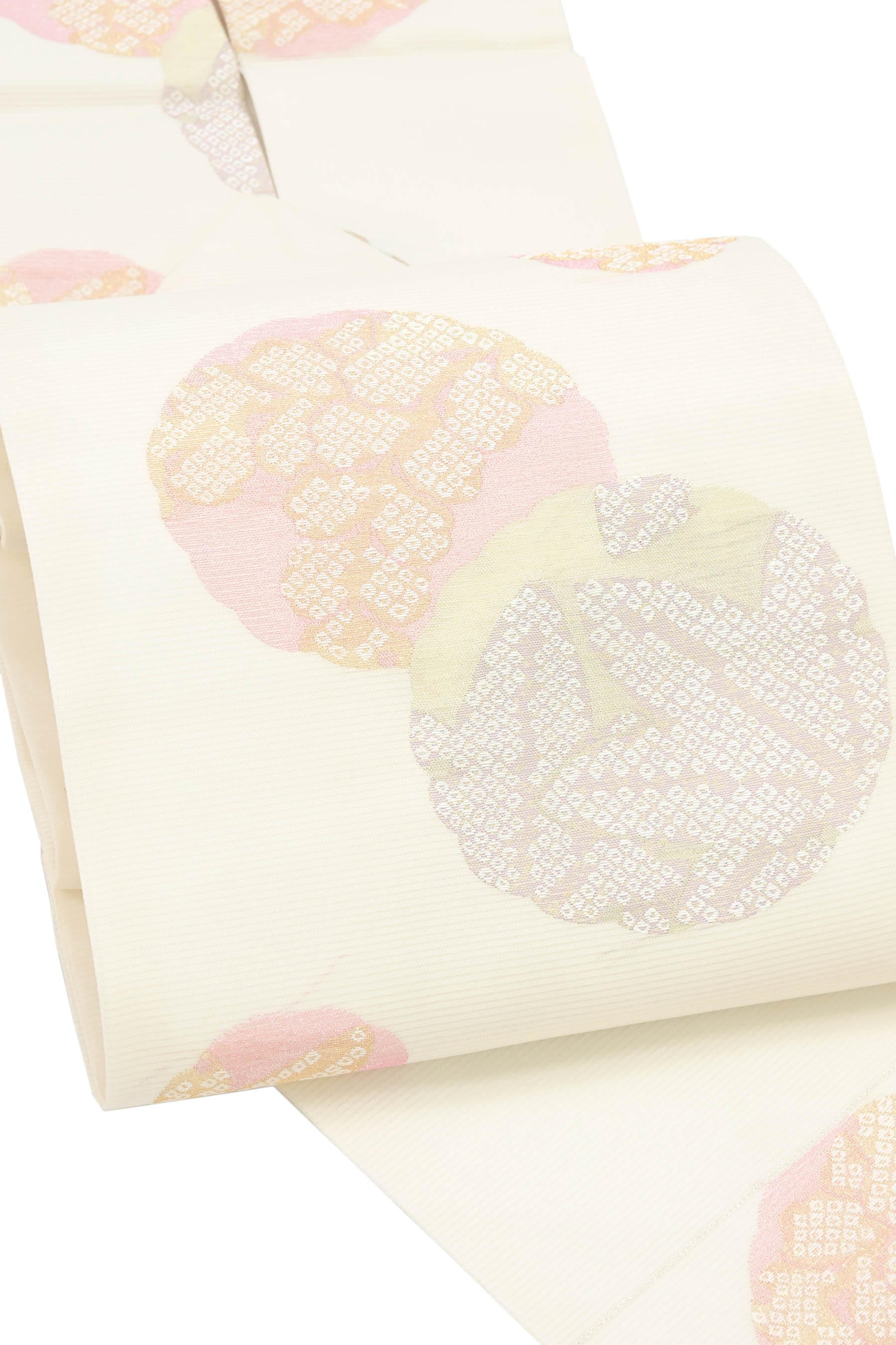【お仕立てものあがり新品】 【夏物】 【沢本布切れ】 西陣紗織九寸名古屋帯 「丸紋に花楓」 フワリと口さかしい… 夏の心地好い帯！