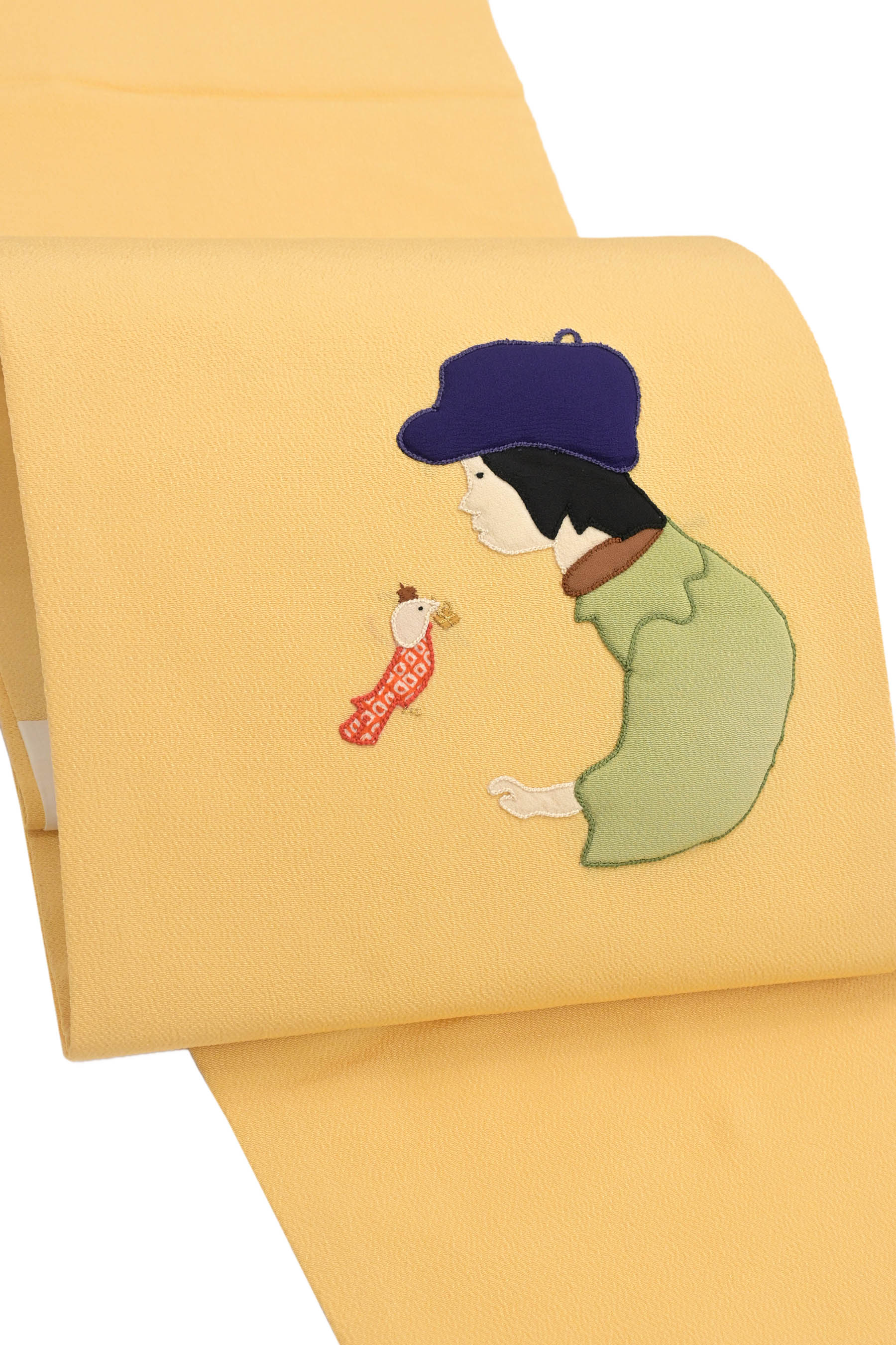 【押絵】 正絹ちりめん九寸名古屋帯 ≪お仕立て上がり・中古美品≫「小鳥の贈り物」 ☆物語性溢れるな個性柄!