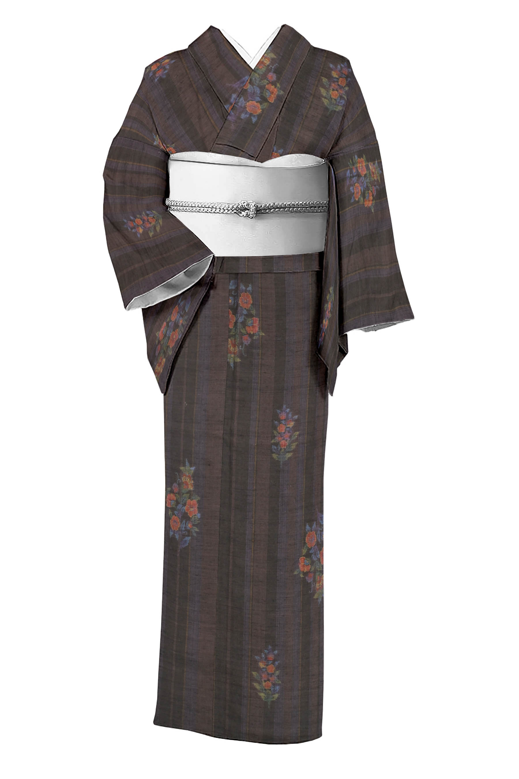 【小千谷紬】 特選芸術絵絣紬 ≪御仕立てもの売り上げ金・中古品≫ 「縞に花飾りつけ」 ふっくらとした紬地に柔らかいな織り言いあらわす！ お読み合わせる、訓練を受ける用に！ 身たけ153 裄64