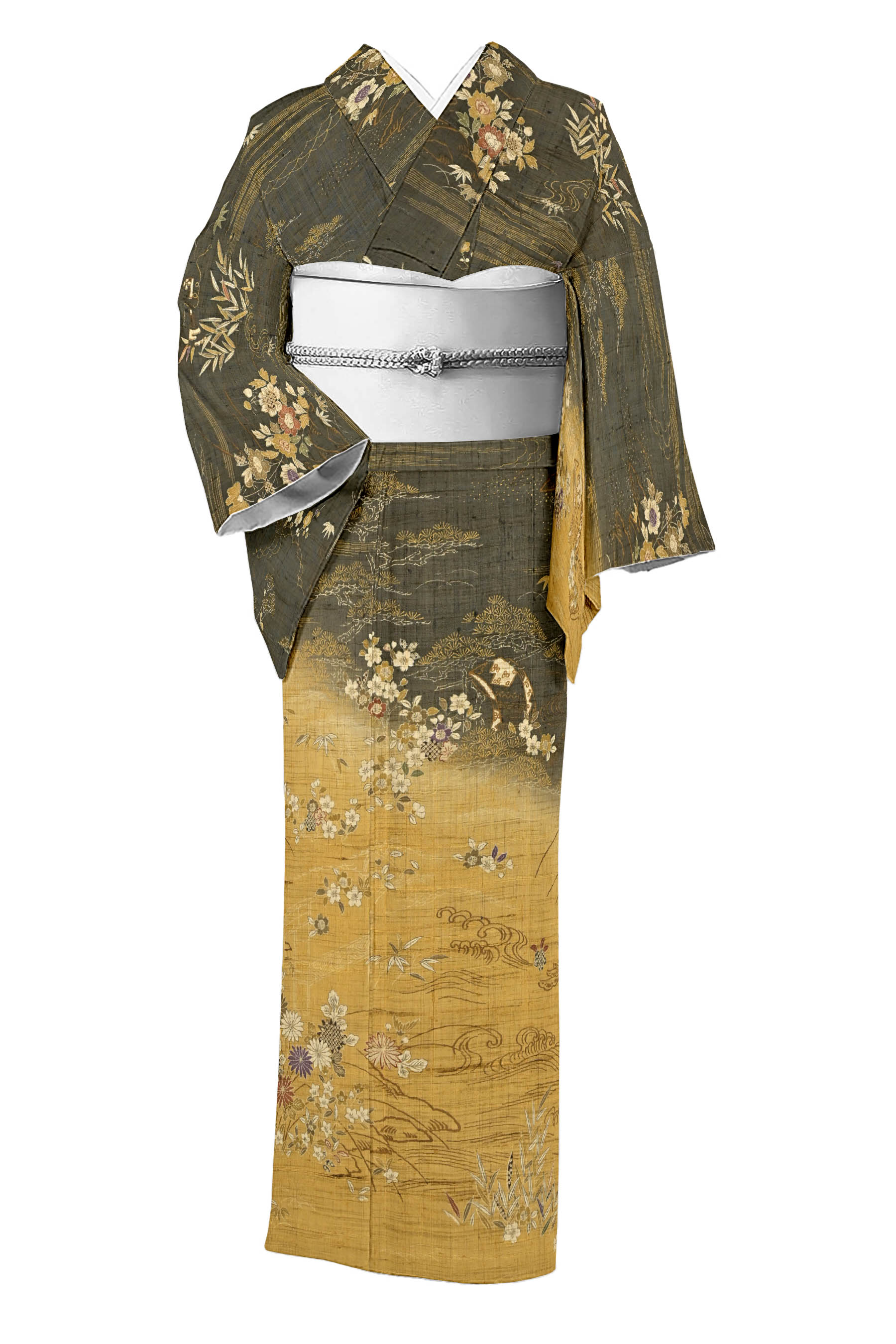しょうざん 訪問着 付け下げ 紬 茶屋辻文様 正絹 ガード加工済 X292 506mh44○しょうざん 生紬 訪問着 苗色 茶屋辻文様 鳥瞰図 袷