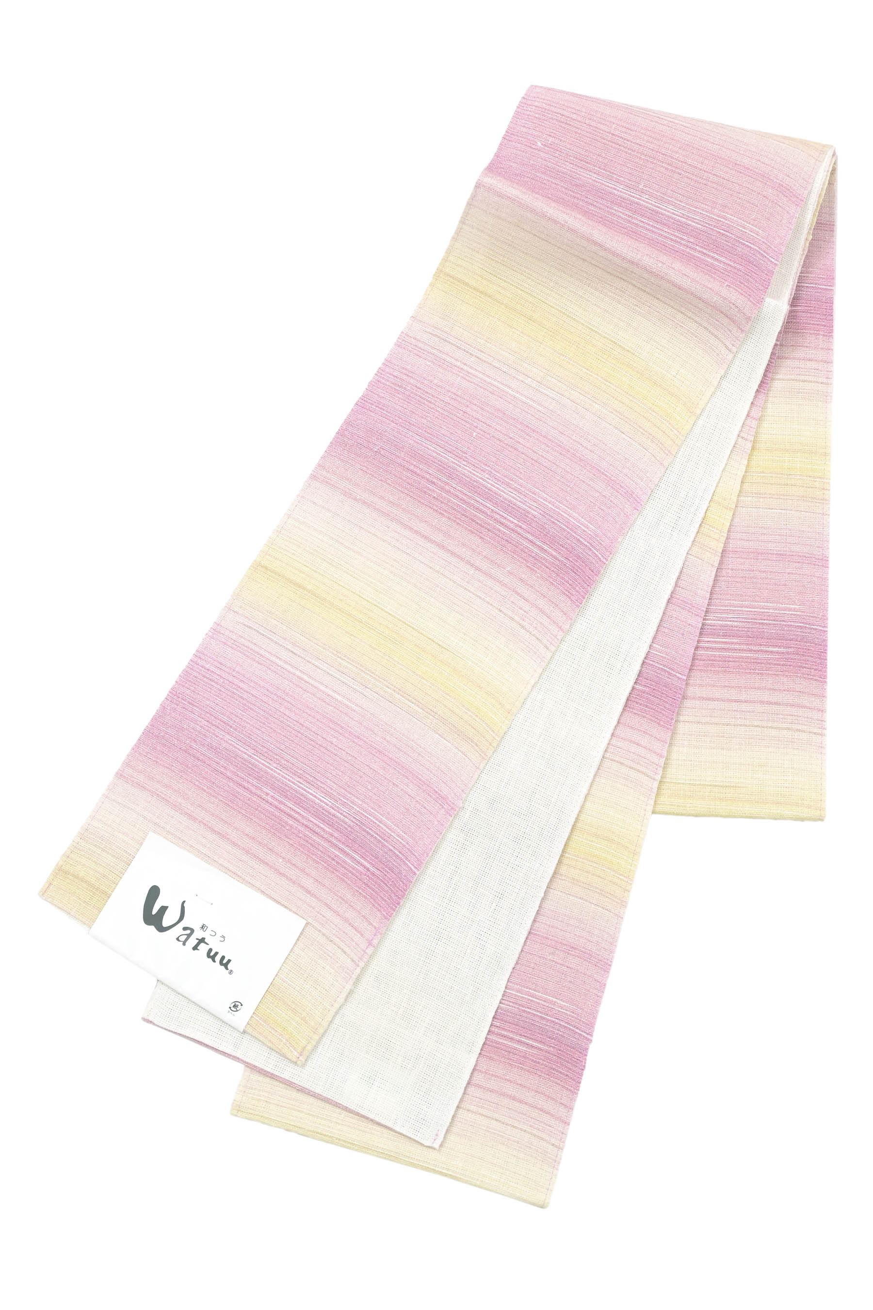 【単衣・夏】 麻半巾帯 ～Watuu～ ≪仕・新品≫ 「横段ぼかし×さくら色」 やわらかな彩り、口さかしいな帯姿… 好いたらしい長尺！