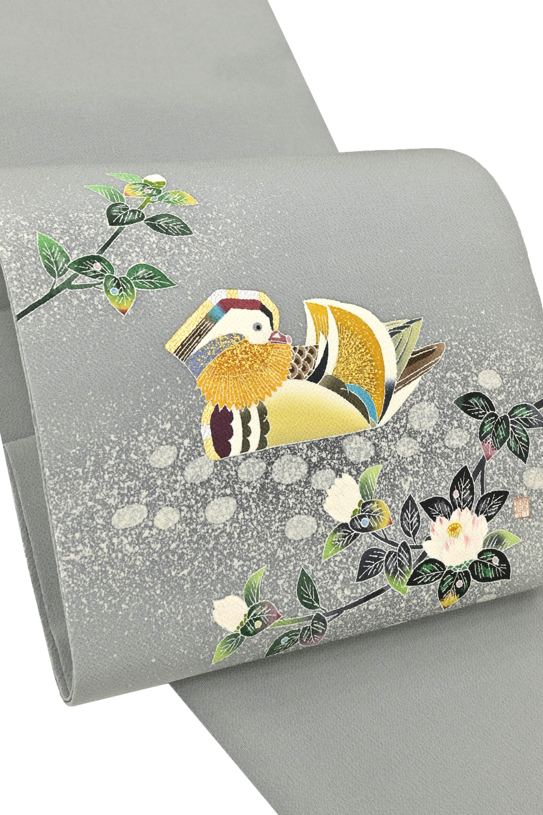 作家物　手描友禅　羽田登喜　鴛鴦と草花の開き名古屋帯 作家物 手描友禅 羽田登喜 鴛鴦と草花の開き名古屋帯