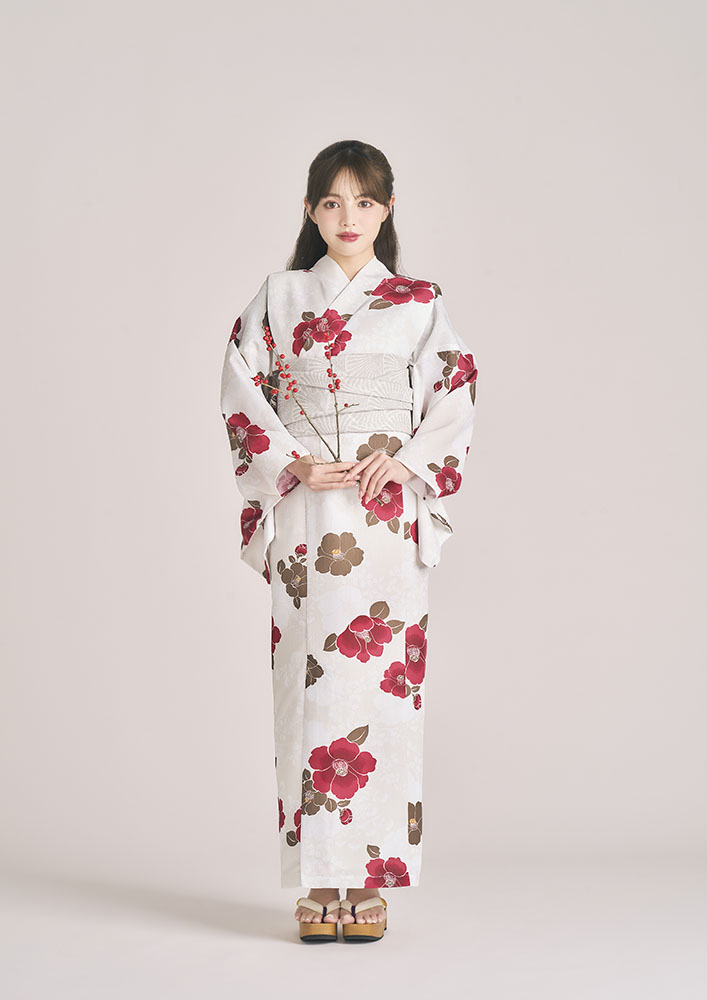 【浴衣】【吉木千沙都?華徒然】お仕立てもの売り上げ金キャミワンピース浴衣 二部式 無償性大きさ 「椿・象牙色」