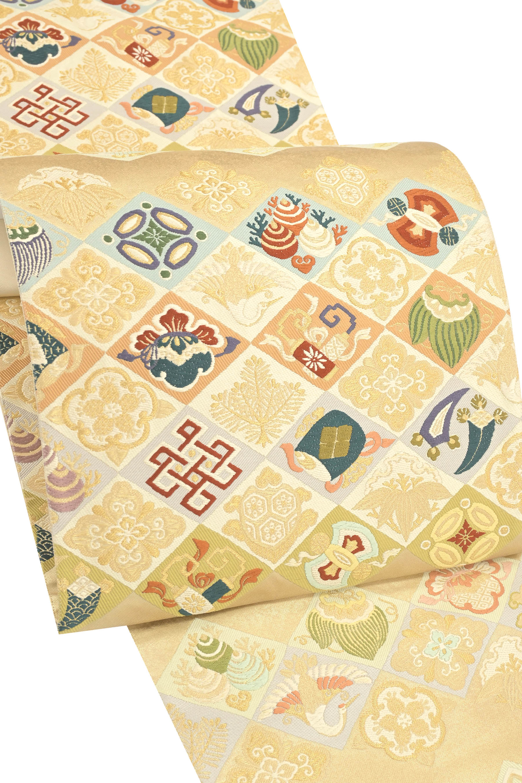 【15％OFFクーポン対象】 【年度持ち越し在庫処分】堀だしリサイクル！仕・中古美品　【引箔の美技！】　【小機屋・帯のあらた】 特選引箔袋帯「名宝菱文様」フォーマルに本物の1本！