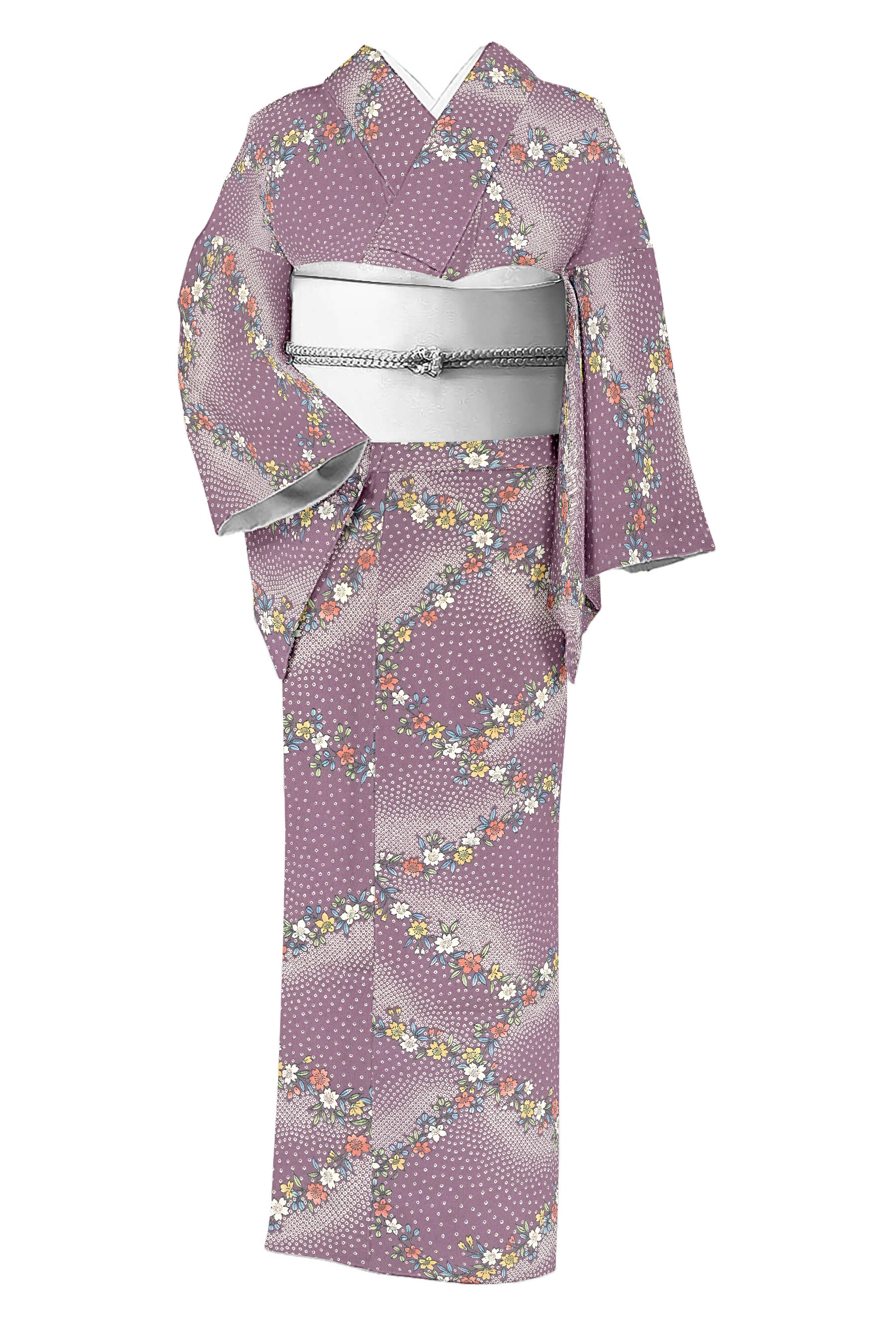 【洗える小紋！】 ≪お仕立てもの売り上げ金・中古品≫ 仕立て上げるポリエステル小紋 「桜の生産ライン」 ☆お出かけの揺るぎ無いかばい立て！ 身たけ158.5 裄63.6