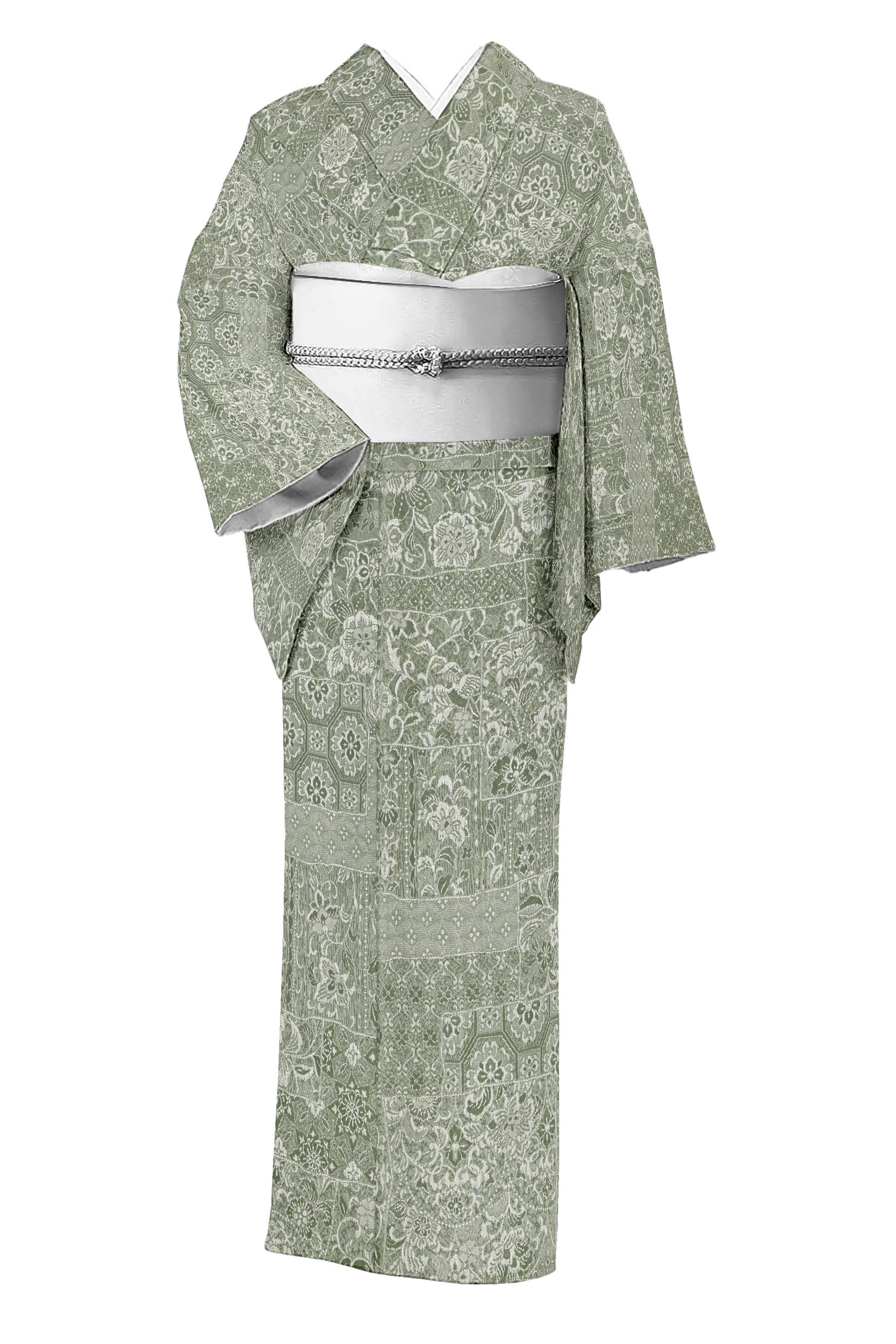 【色無地感覚的な体験で…】 ≪お仕立てもの売り上げ高・中古美品≫ 仕立て上げる正絹紋織染小紋 「短冊色紙唐花紋」パール音の高低済 ☆身の丈156裄65.2
