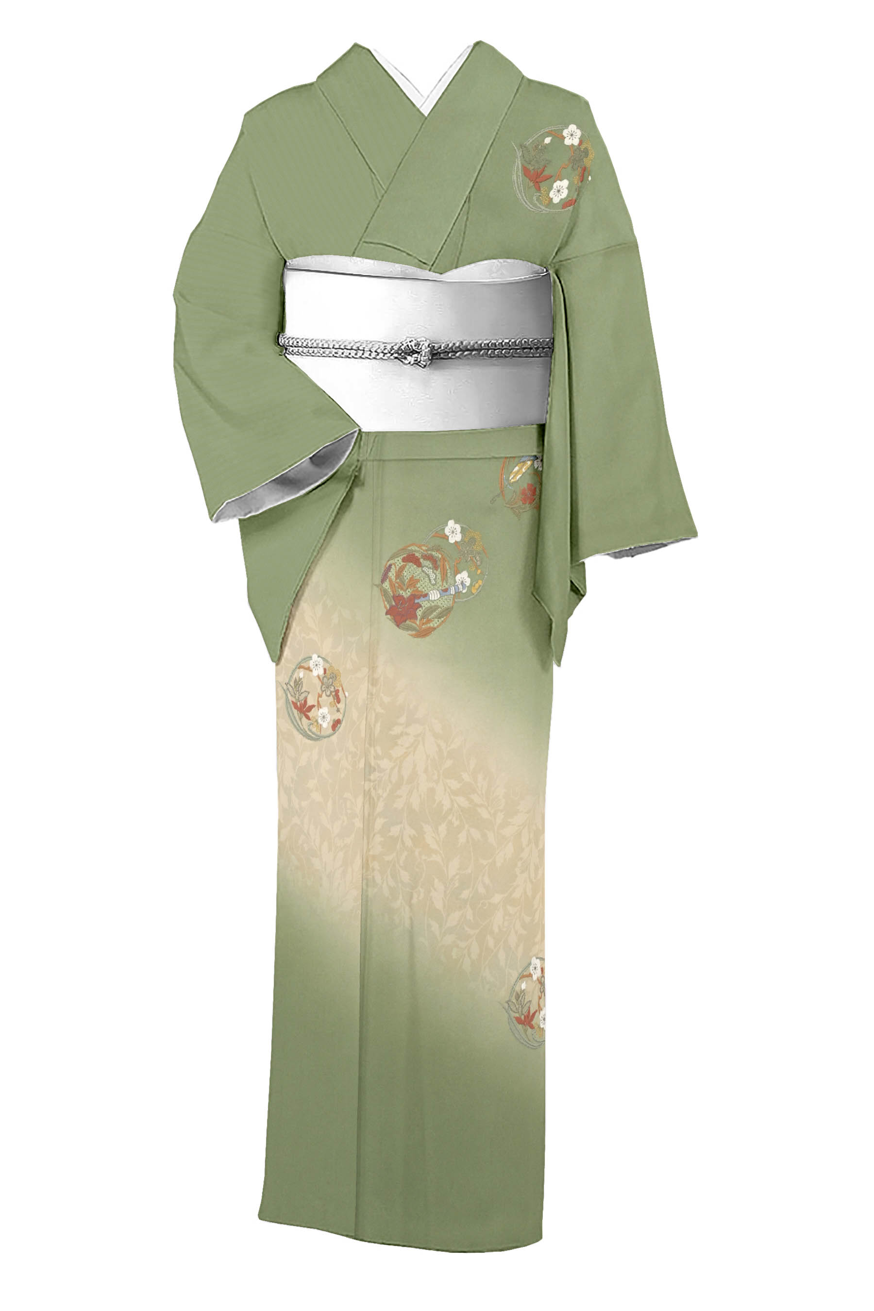 小柄な方に！　仕・中古美品創作友禅刺繍訪問着 「葉影に花の丸」一つ紋入り　身丈150.7裄64
