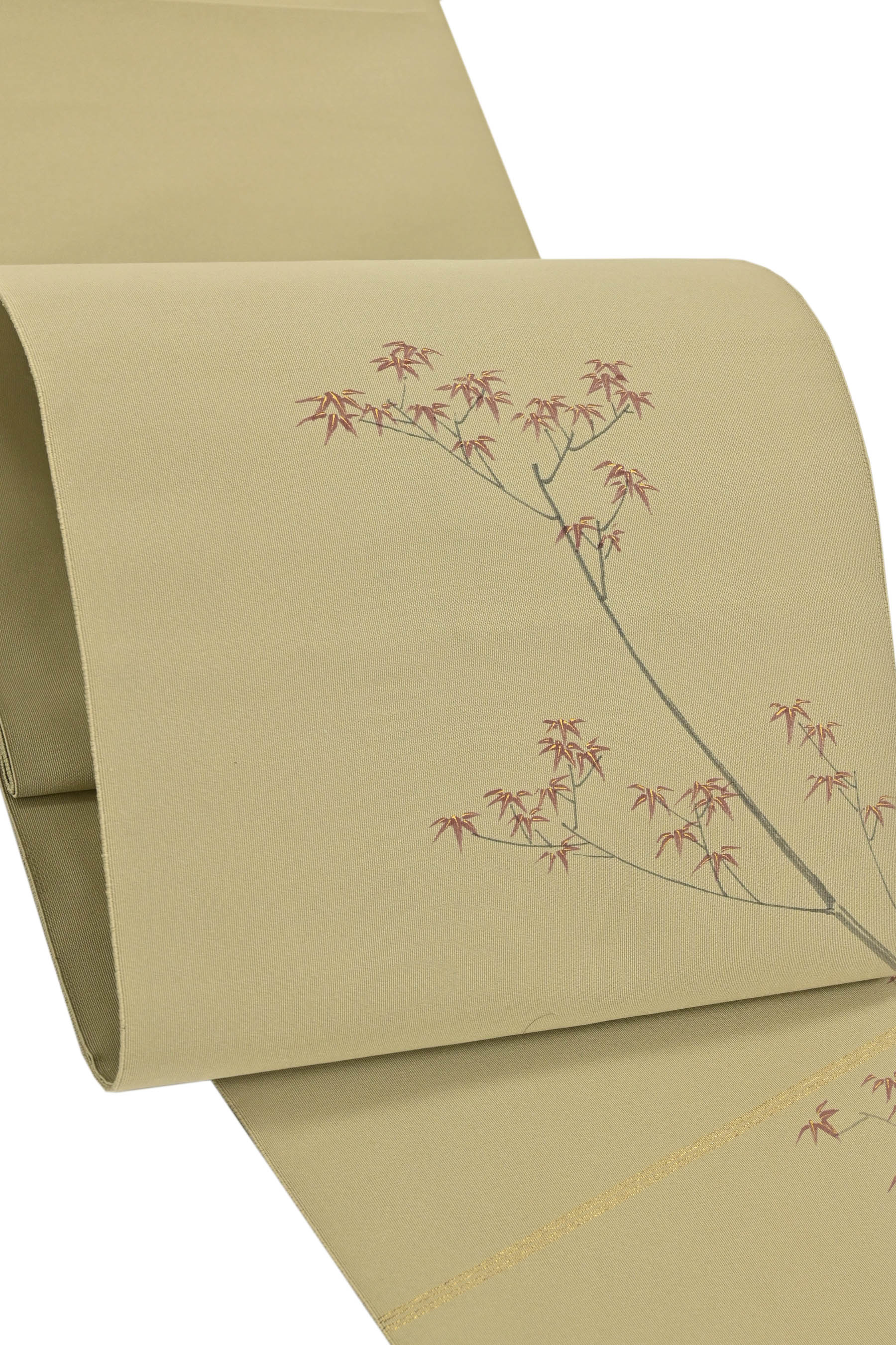 【人間国宝　故：森口華弘】 高級手描友禅綴れ地八寸名古屋帯 三越誂え品 ≪御仕立て上がり・中古美品≫ 「紅葉」 珍しい題材のお柄！