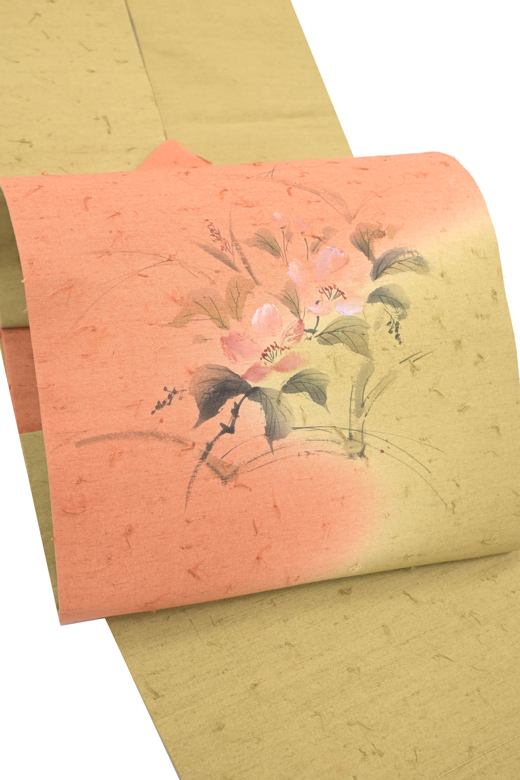 【お仕立て上がり・中古美品】 手描き友禅ひげ紬九寸帯 「さくら」 ほっこり粋な、情趣ある帯姿！