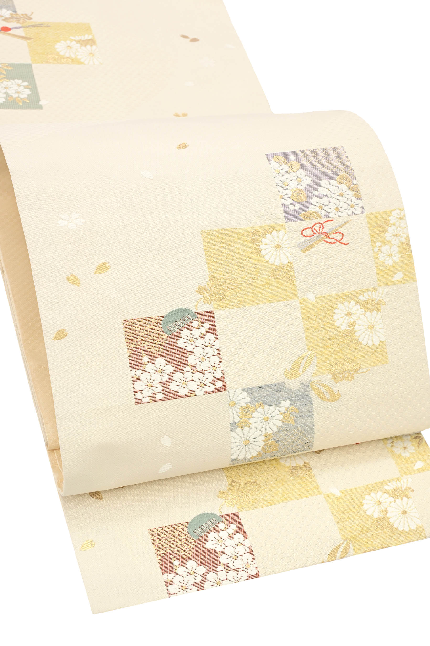 和の押し出し気が大きいに！ 〈お仕立てもの売り上げ金・中古美品〉 仕立て上げる正絹九寸名古屋帯 「市松にお御先棒散らし広告」 雅びやかな華やぎ！