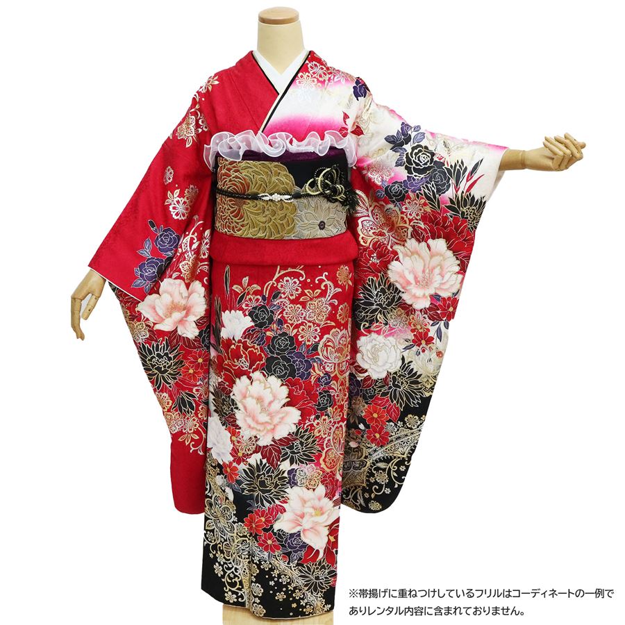【レンタル】 振袖レンタル 成人式 振袖 1月 2027年 安い 着物 レンタル 女性 和装 衣装 高級 正絹 呉服屋 赤 格安 フルセット 身長150-165cm 牡丹 薔薇 バラ かっこいい クール系 ギャル系 NR-119 宅配レンタル 通販 モダン おしゃれ 可愛い