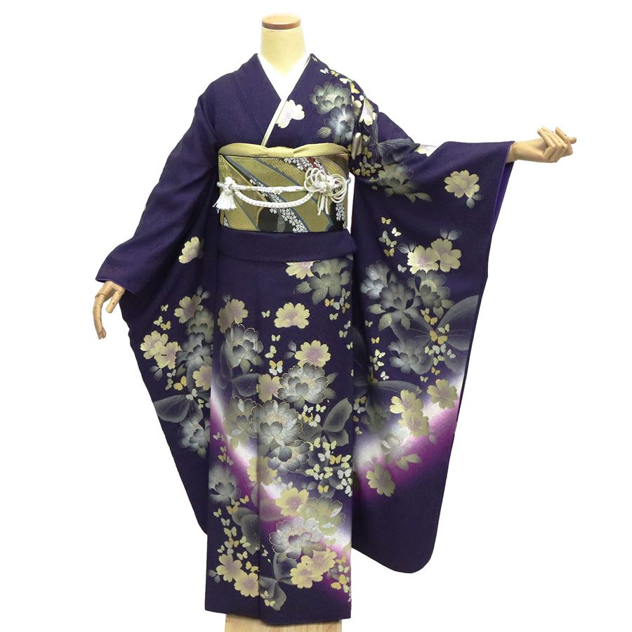 【レンタル】 振袖レンタル 成人式 振袖 1月 2027年 安い 着物 高級 正絹 呉服屋 紫 金彩 トールサイズ 高身長 １６０cm～１７０cm対応 かっこいい モダン 格安 フルセット 蝶 ぼかし 晴れ着 NR-198 レトロ モダン おしゃれ 可愛い