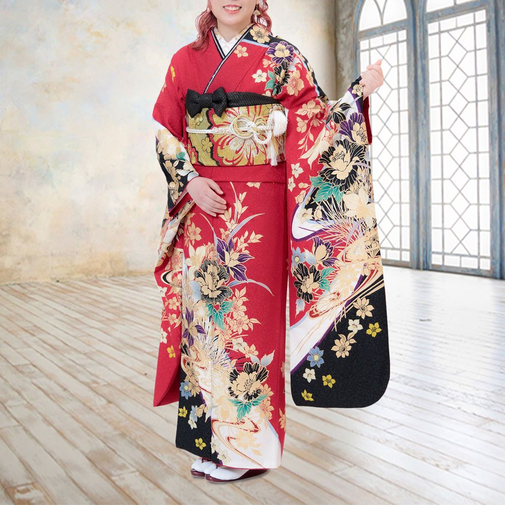 【レンタル】 振袖レンタル 成人式 振袖 赤 レッド 身長154.5cm-165.5cm 1月 2027年 安い 着物 高級 正絹 呉服屋 金彩友禅 大人っぽい モダン 格安 フルセット 雪輪 古典 椿 NR-243 通販 シンプル 可愛い