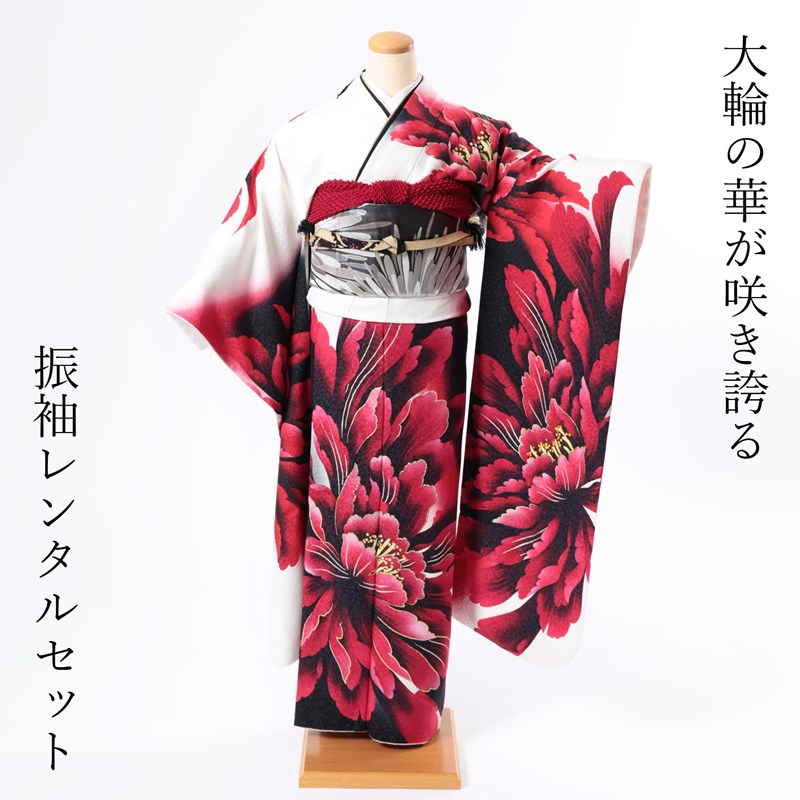 【レンタル】 振袖レンタル 成人式 振袖 1月 2027年 安い 着物 高級 正絹 呉服屋 赤 レッド 白 黒 金彩友禅 大人っぽい モダン 格安 フルセット 身長149cmー161cm 雪輪 古典 椿 NR-246 通販 シンプル 可愛い