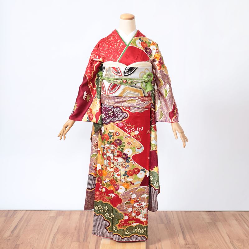 【レンタル】 振袖レンタル 成人式 振袖 赤 レッド 金彩友禅 身長157cm～165.5cm 1月 2027年 安い 着物 高級 正絹 呉服屋 道長貝桶 純古典 クラシック 格安 フルセット 高身長 雪輪 古典 椿 NR-249 通販 シンプル 可愛い