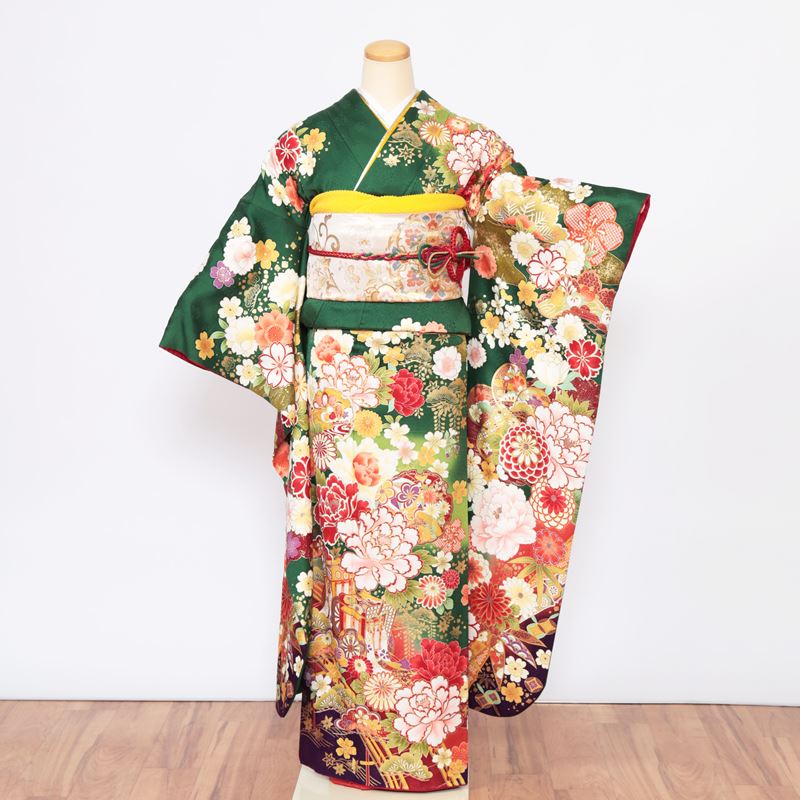【レンタル】 着物 振袖レンタル 成人式用 緑 一式フルセット 正絹 トールサイズ 身長160cm-167cm 御所車 牡丹 1月 2027年 安い 高級 呉服屋 古典 グリーン モダン お洒落 豪華 高身長さんおススメ NR-270 通販 シンプル 可愛い