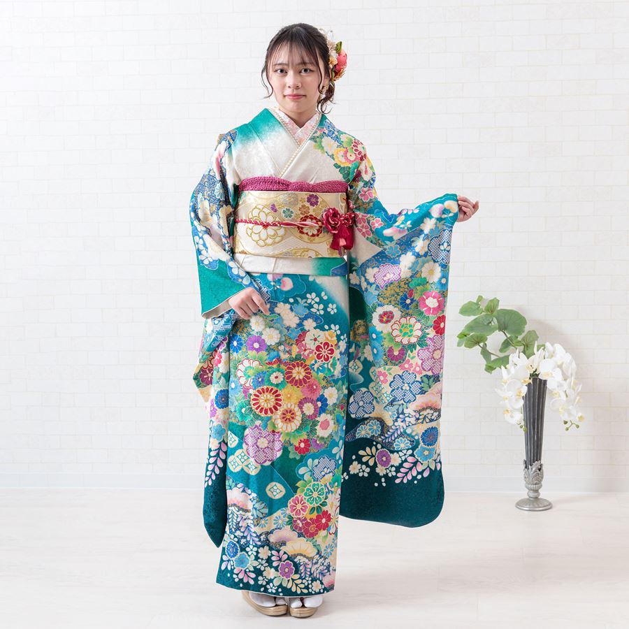 【レンタル】 振袖レンタル 成人式 振袖 水色 ターコイズブルー 緑 白 身長153cm-167cm 1月 2027年 女性 貸衣装 和装 着物レンタル 高級 正絹 呉服屋 安い 金駒 藤 鹿の子 豪華 個性的 古典 モダン お洒落 フルセット 貸衣装 女性 和装 NR-278 45,370円