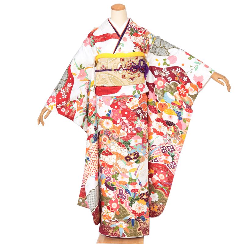 【レンタル】 振袖レンタル 成人式 振袖 白 赤 身長159cm～173cm 1月 2027年 女性 貸衣装 和装 着物レンタル 高級 正絹 呉服屋 安い 通販 本格古典 トールサイズ 高身長向け 橘 椿 牡丹 高級 個性的 モダン お洒落 豪華 フルセット NR-285
