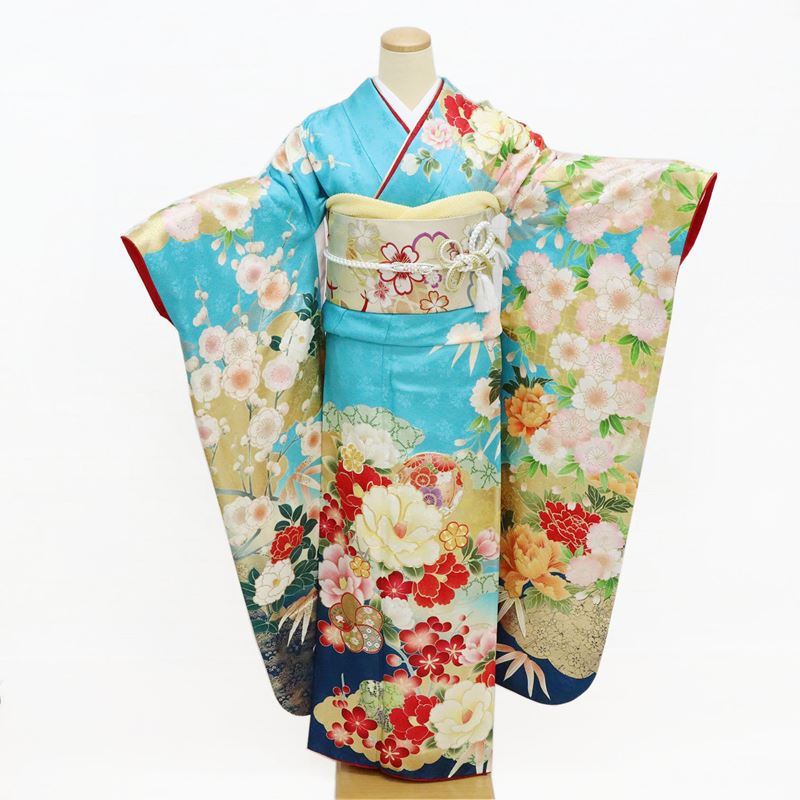 【レンタル】 振袖レンタル 成人式 振袖 水色 金箔 身長160cm-169cm 1月 2027年 女性 貸衣装 和装 着物レンタル 高級 正絹 呉服屋 安い 通販 椿 桜 牡丹 個性的 ブルー 高身長 トールサイズ 古典 モダン お洒落 豪華 フルセット NR-292