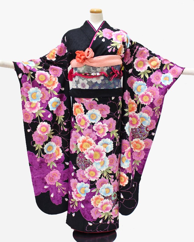 【レンタル】 振袖レンタル 成人式 振袖 1月 2027年 安い 着物 女性 和装 衣装 高級 正絹 呉服屋 黒 格安 フルセット 身長155-170cm 桜 手まり NR-85 全国配送 宅配レンタル 通販 レトロ モダン おしゃれ 可愛い