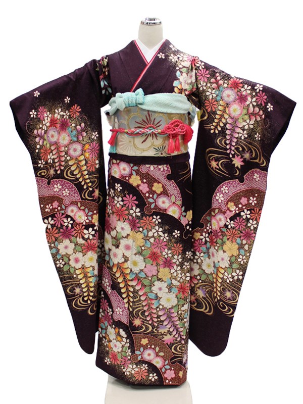 【レンタル】 振袖レンタル 成人式 振袖 茶色 渋紫 小豆色 身長160cmから169cm 1月 2027年 安い 着物 女性 和装 衣装 高級 正絹 呉服屋 辻が花 格安 フルセット 高身長 豪華 古典柄 NR-133 宅配レンタル 通販 レトロ おしゃれ 可愛い