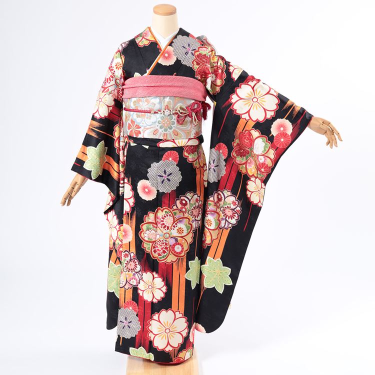 【レンタル】 振袖レンタル 成人式 振袖 1月 2027年 安い 着物 高級 正絹 呉服屋 黒 ブラック 大人っぽい モダン オレンジ 紅葉 格安 フルセット 身長155cmー164cm 古典 NR-244 通販 シンプル 可愛い 送料無料