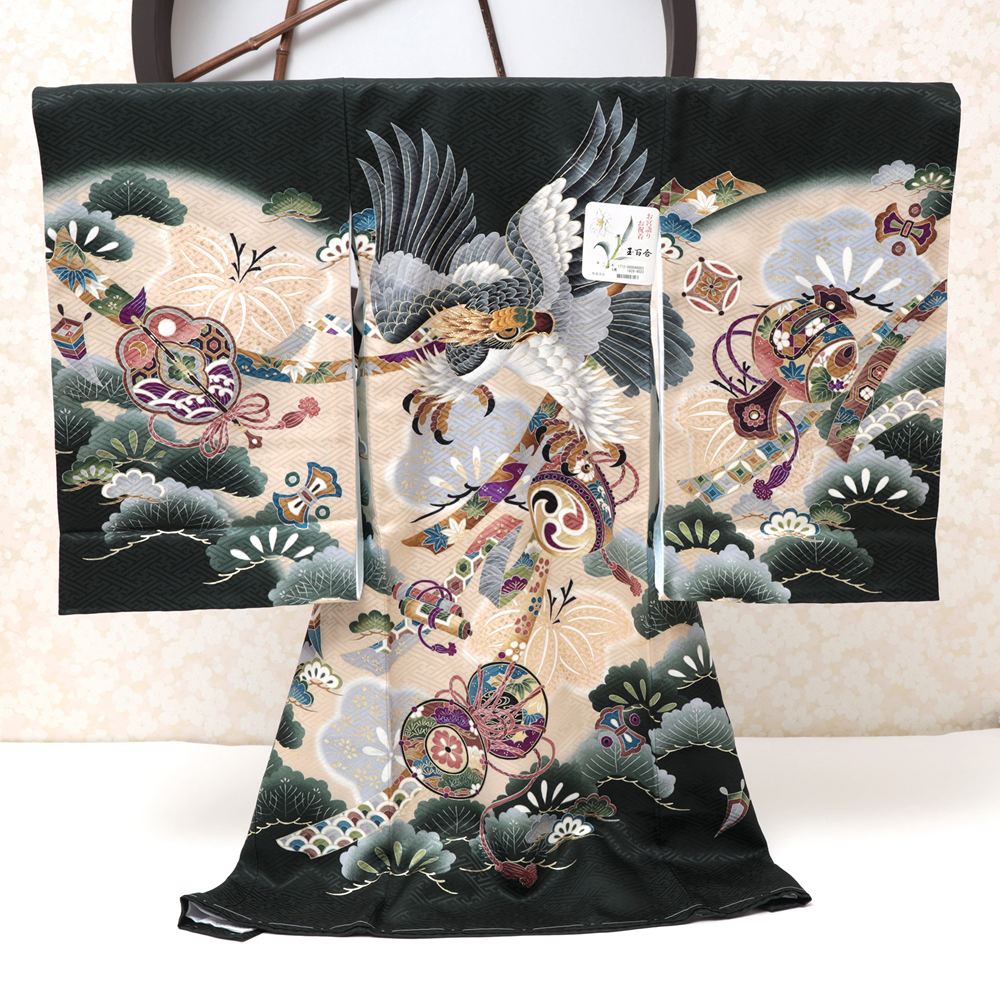 お宮参り 産着 男の子 着物 深緑 モスグリーン 正絹 綸子 鷹 タカ 鼓 小槌 刺繍 初着 祝い着 熨斗目 正絹 赤ちゃん 着物 呉服店 七五三 百日参り 衣装 販売 長襦袢付き お買い物マラソン 44,880円