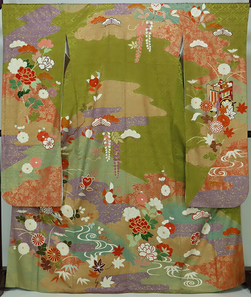 振袖 箔製作 紋綸子 名著柄 【中古】美品