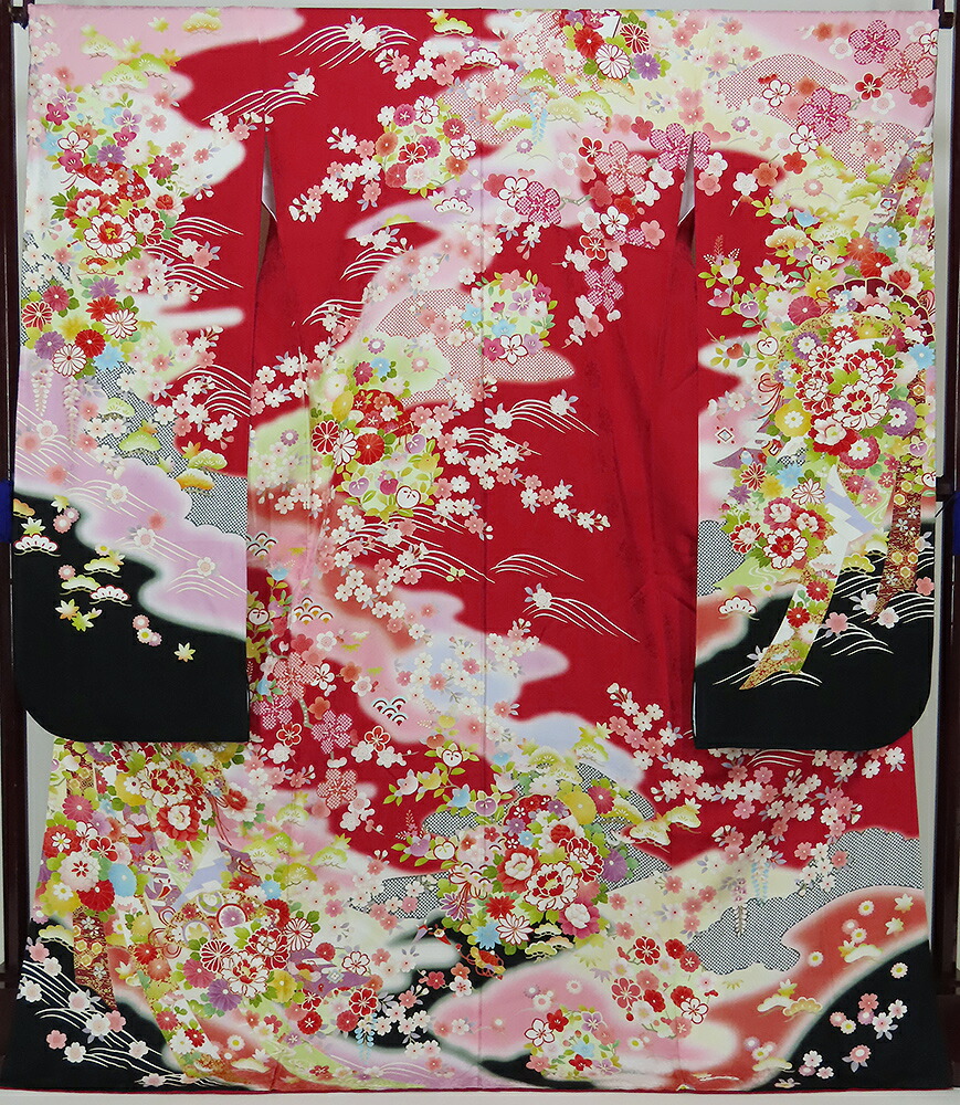 振袖 紋綸子 赤 黒 サクラ色 被子植物 【中古】美品