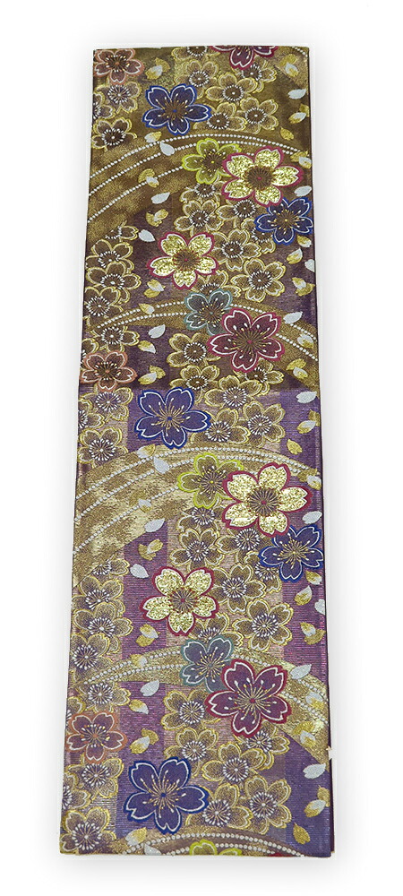 【中古】美品　振袖用　六通柄　袋帯　桜花文様／パープル系