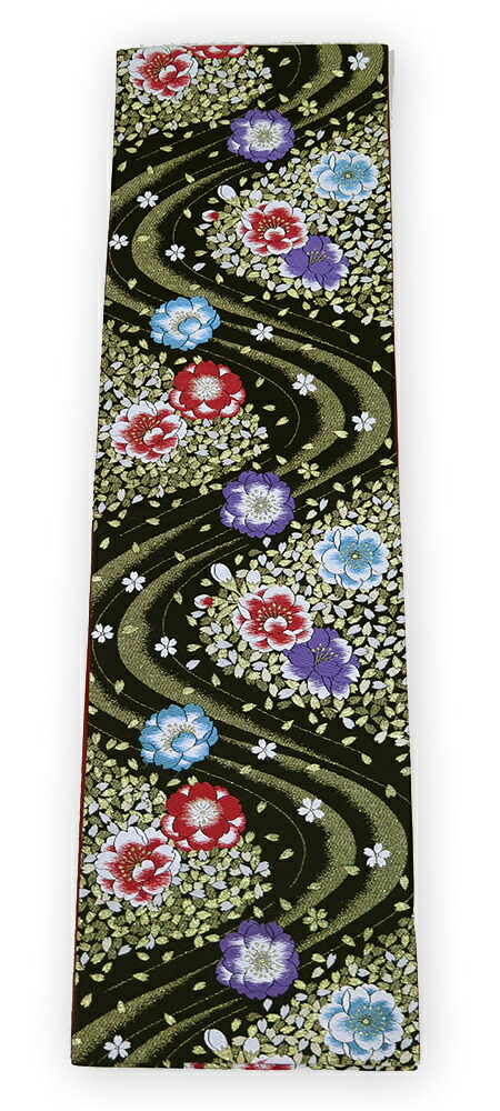 【中古】美品　振袖用　六通柄　袋帯　流水桜花文／黒