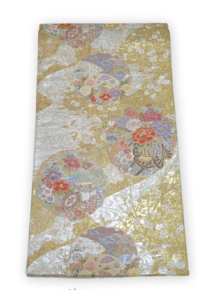 【中古】美品　本金箔　六通柄　袋帯　雪輪流水花車文／金